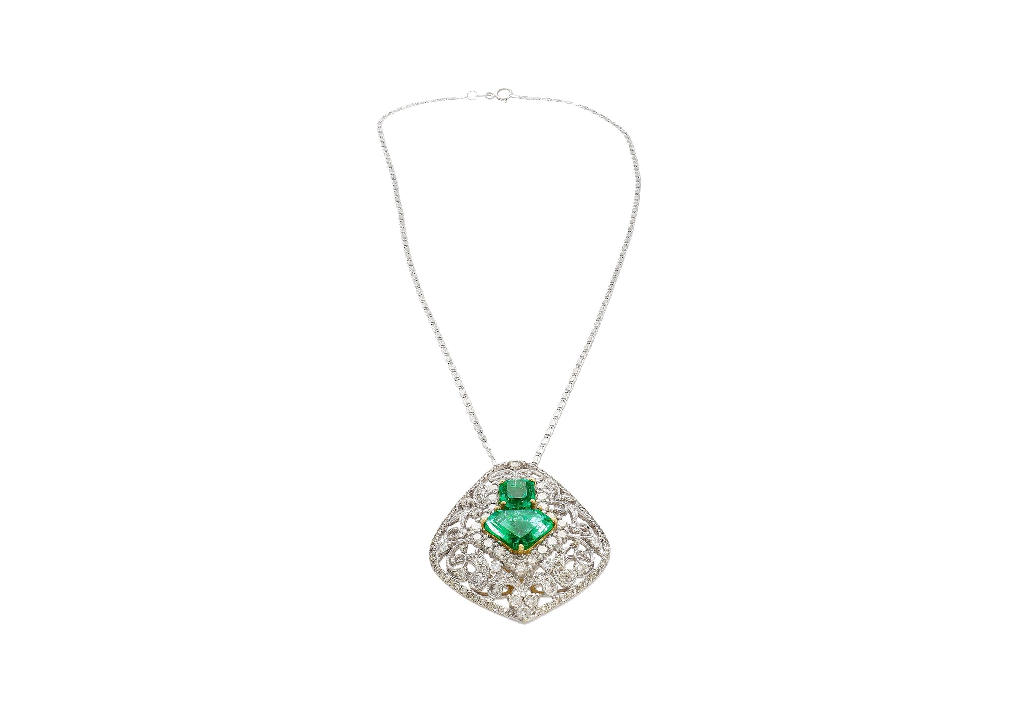 Vintage Art Nouveau Style Carved 18K White Gold Pendant Necklace With Shield Cut Emerald and Diamond Side Stones