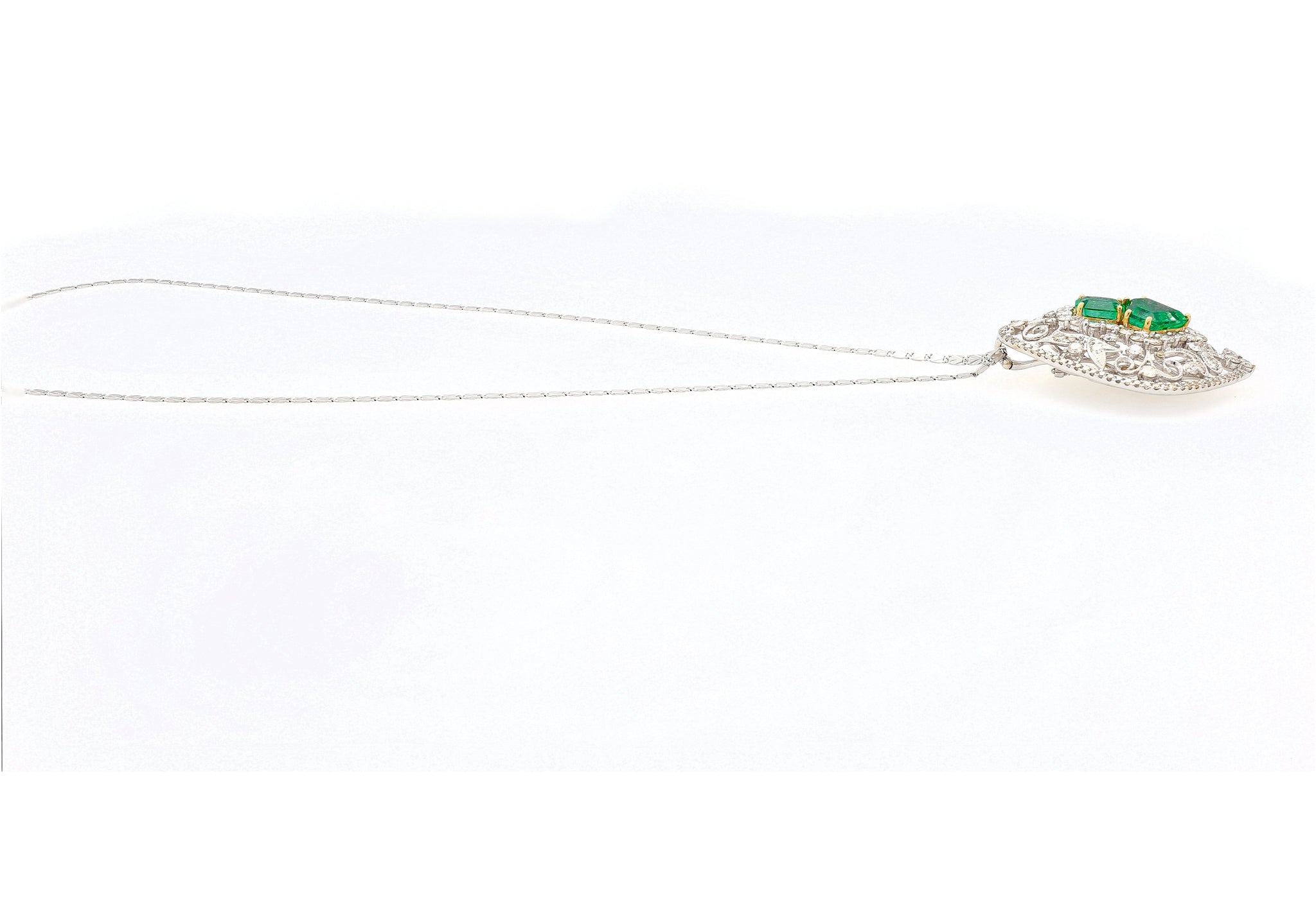 Vintage Art Nouveau Style Carved 18K White Gold Pendant Necklace With Shield Cut Emerald and Diamond Side Stones