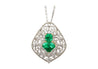 Vintage Art Nouveau Style Carved 18K White Gold Pendant Necklace With Shield Cut Emerald and Diamond Side Stones-Necklace-ASSAY