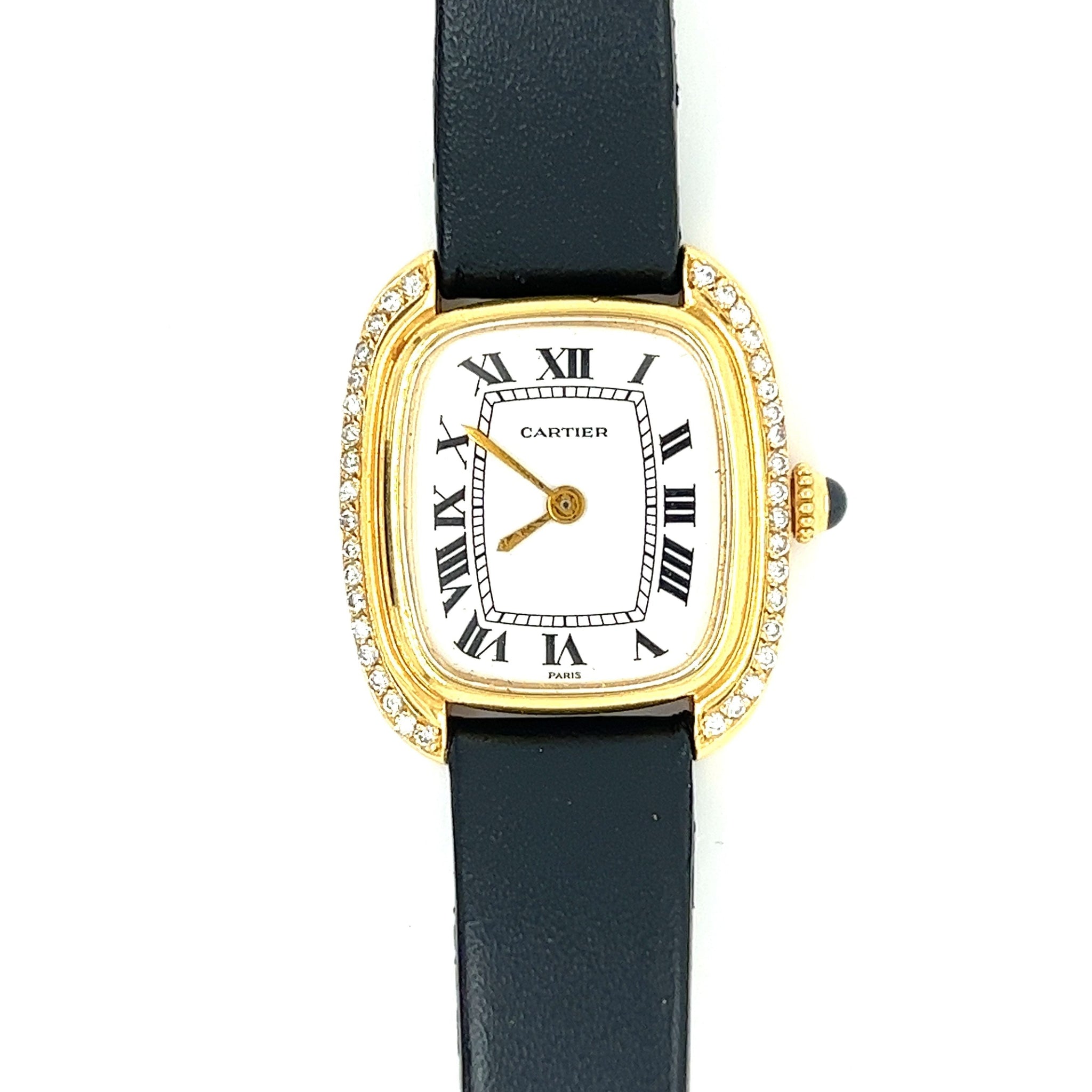 Vintage Cartier Watch 23mm with Factory Diamond Bezel and Leather strap-Watches-ASSAY