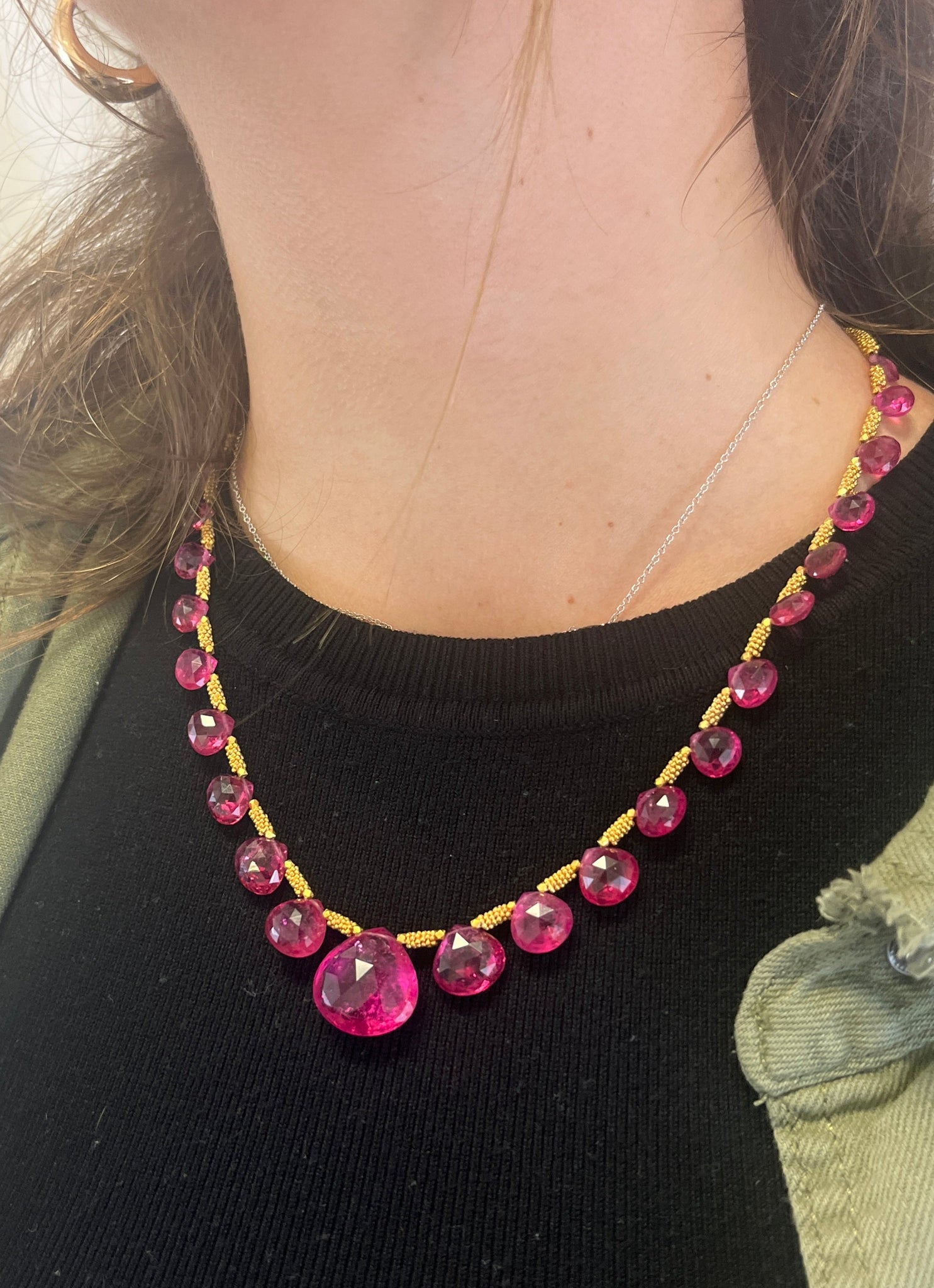 Vintage GIA Certified 120 Carat Pear-Shape Pink Rubellite Tourmaline Necklace in 22k Yellow Gold