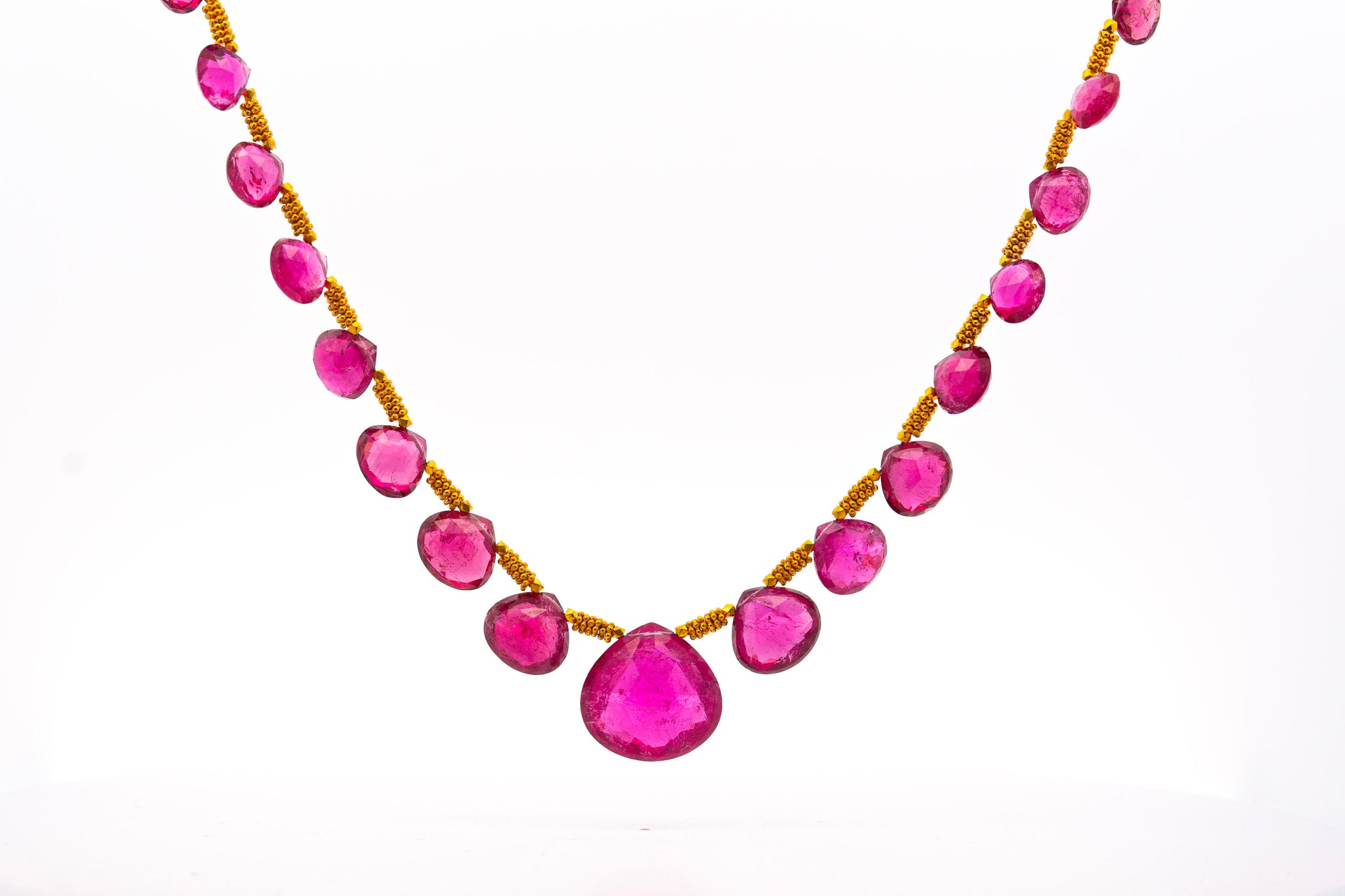 Vintage GIA Certified 120 Carat Pear-Shape Pink Rubellite Tourmaline Necklace in 22k Yellow Gold