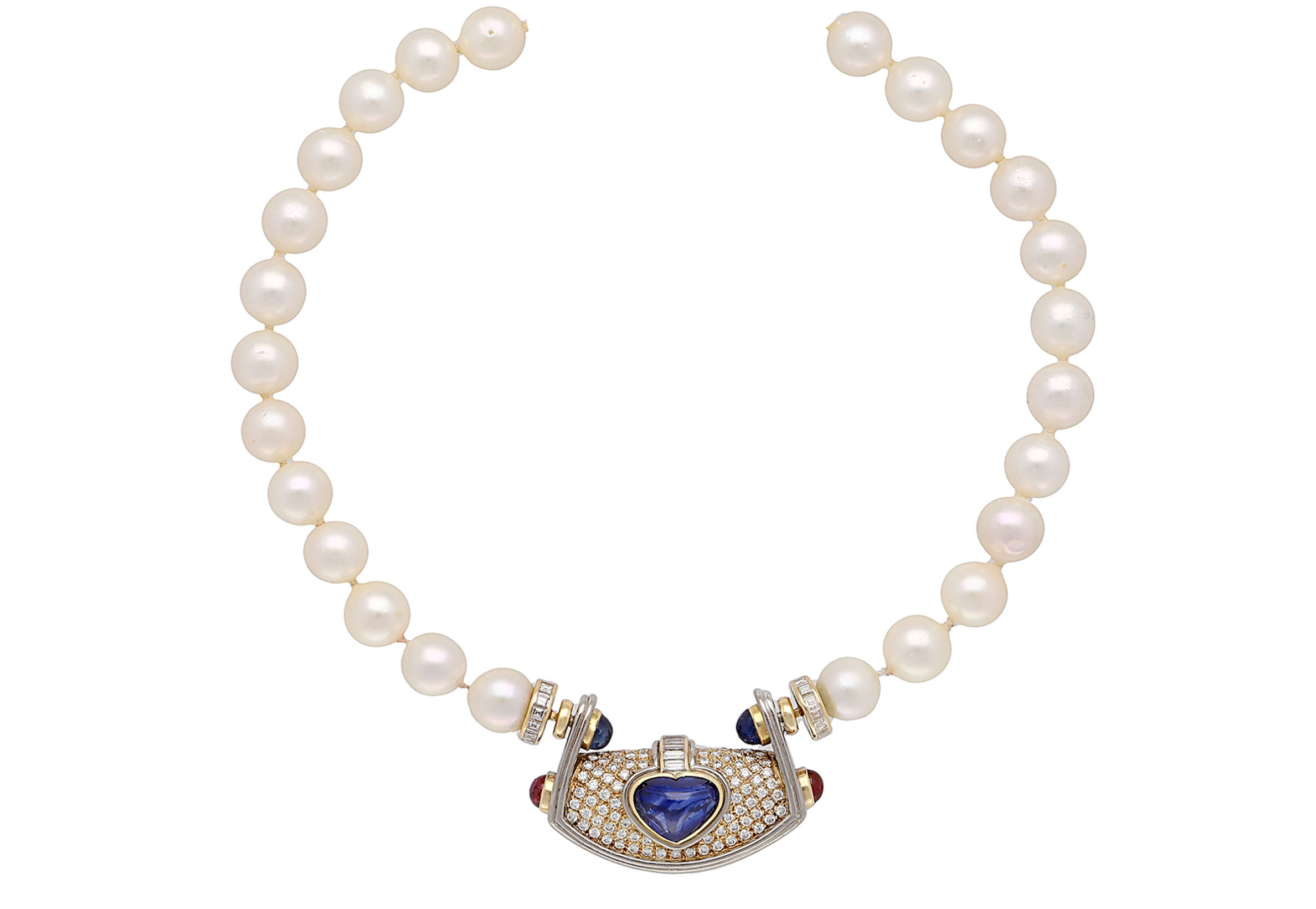 Vintage GIA Certified 5 Carat Heart Blue Sapphire, Diamond & Pearl Necklace-Necklace-ASSAY