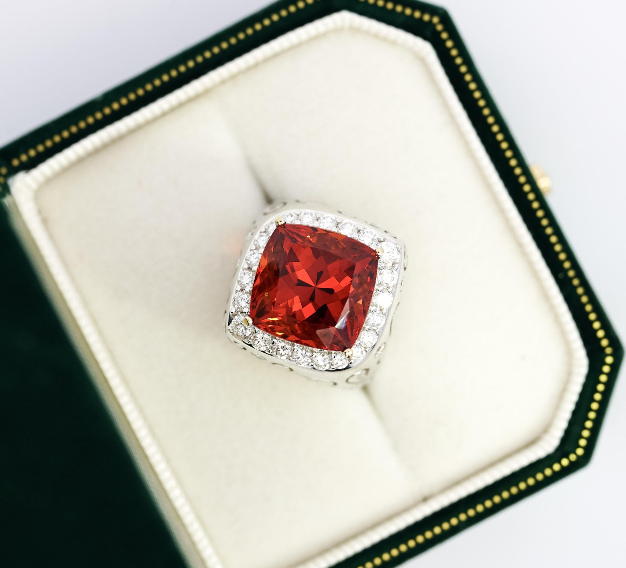 Vintage GIA Certified Orange Spessartine Garnet & Diamond 18K White Gold Ring