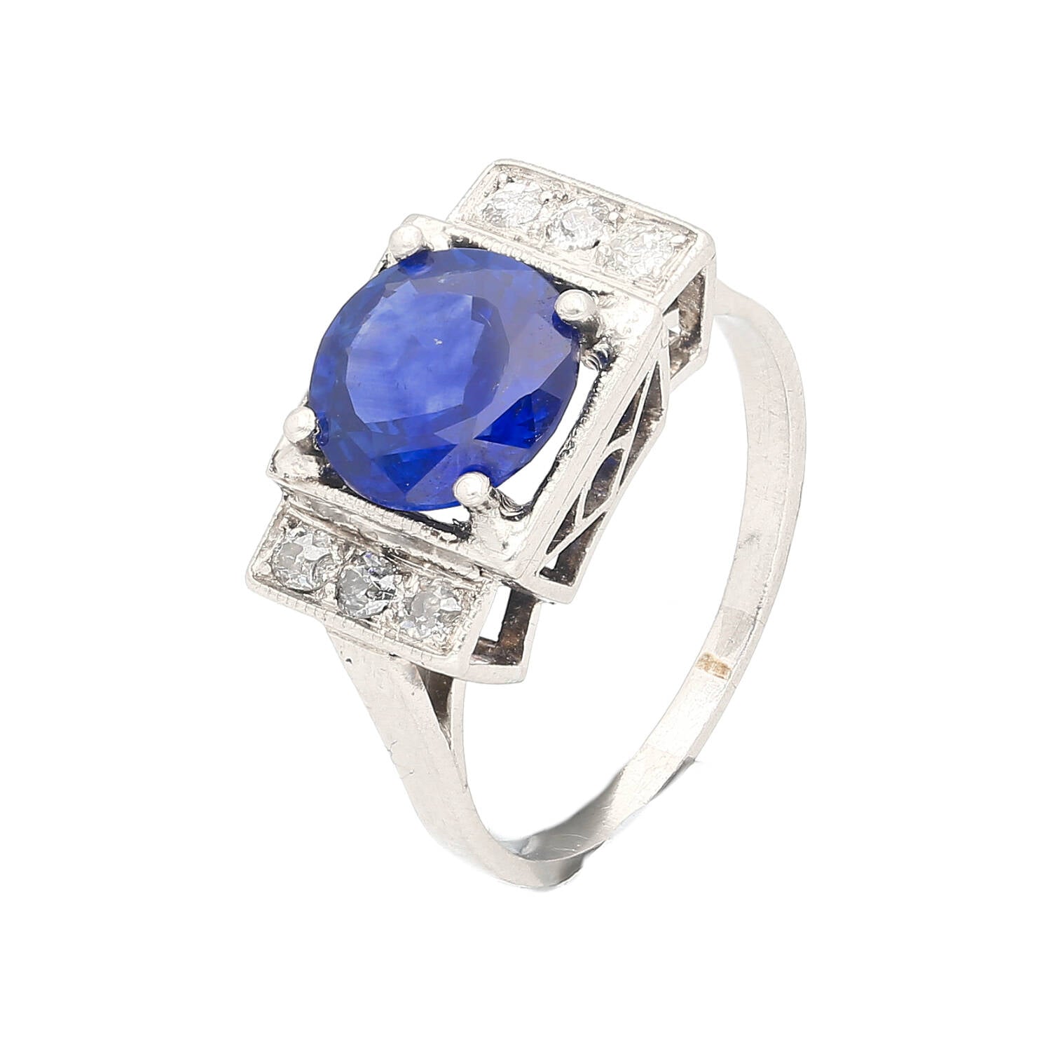 Vintage GRS Certified 2.47 Carat Royal Blue Sapphire & Diamond Platinum Ring-Rings-ASSAY