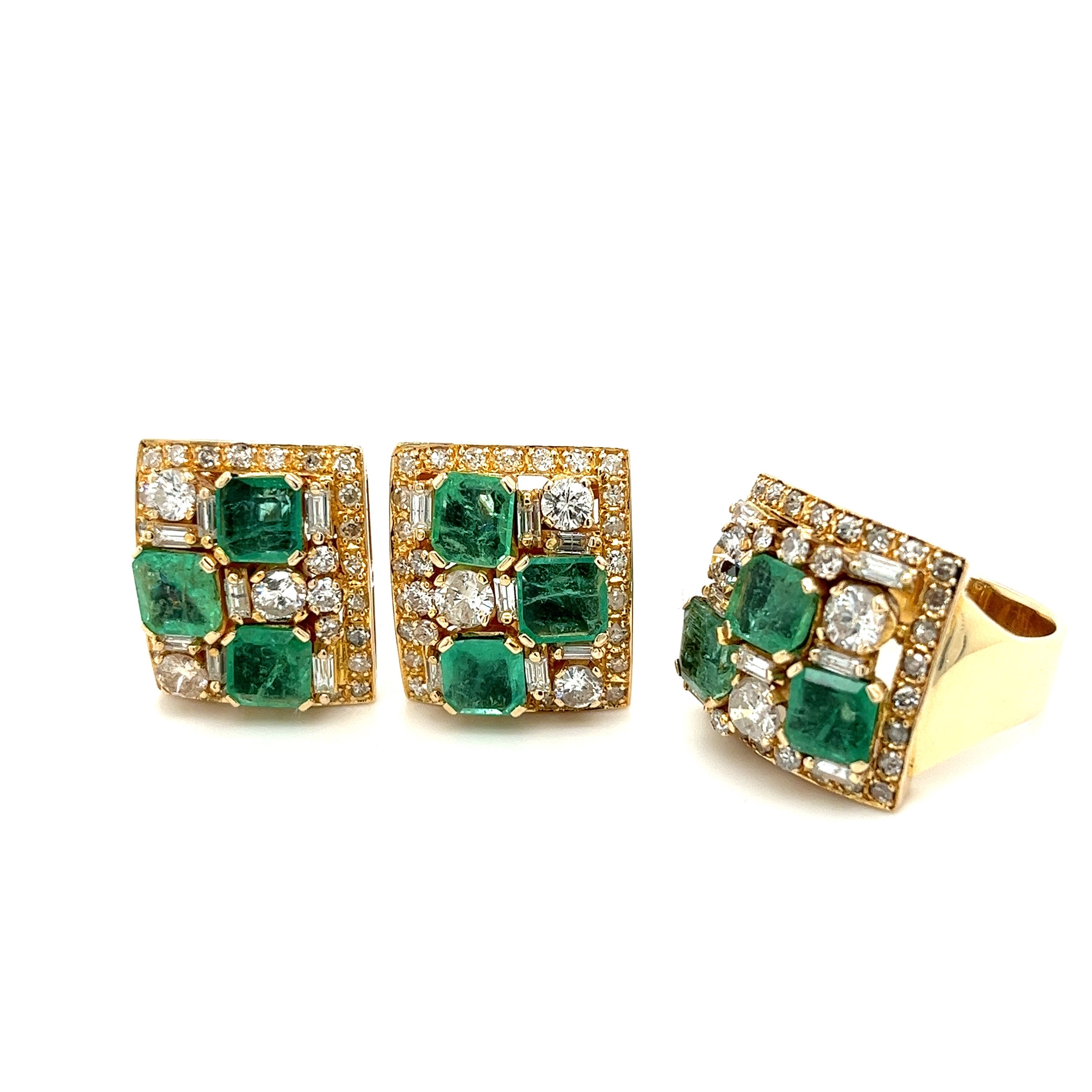Vintage Natural Emerald & Diamond Earring and Ring Jewelry Set in 18K Gold-Jewelery Sets-ASSAY