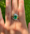 Vintage Natural Oval Cut Emerald & Diamond Ribbed Textured Bezel Set 18K Gold Ring-Rings-ASSAY