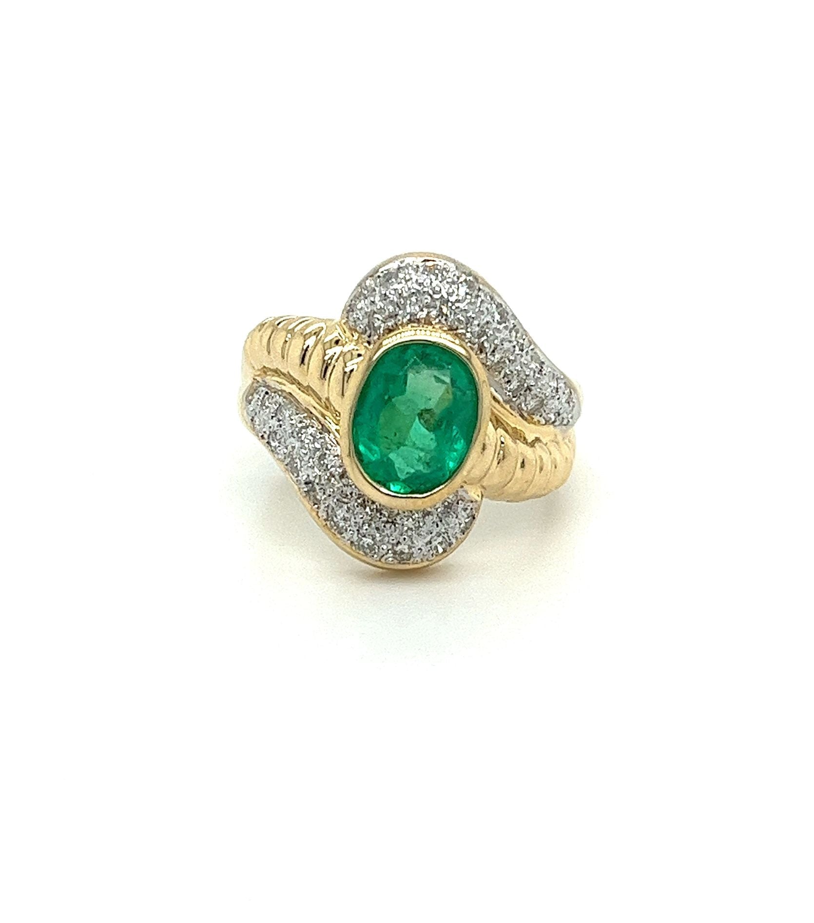 Vintage Natural Oval Cut Emerald & Diamond Ribbed Textured Bezel Set 18K Gold Ring-Rings-ASSAY