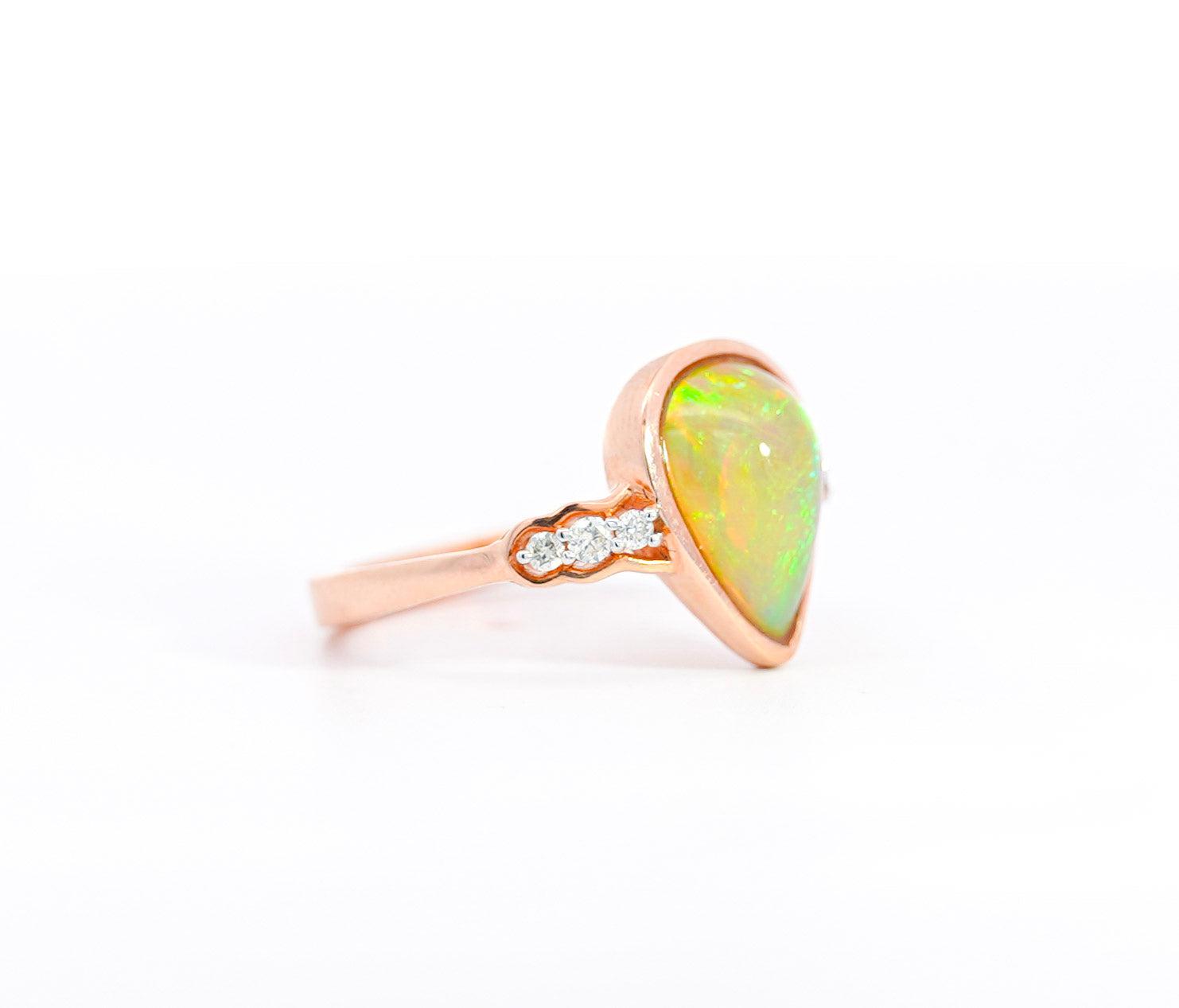 Vintage Oscar Friedman Signed 1.50 Carat Pear-Shaped Opal and Diamond 14K Rose Gold Ring