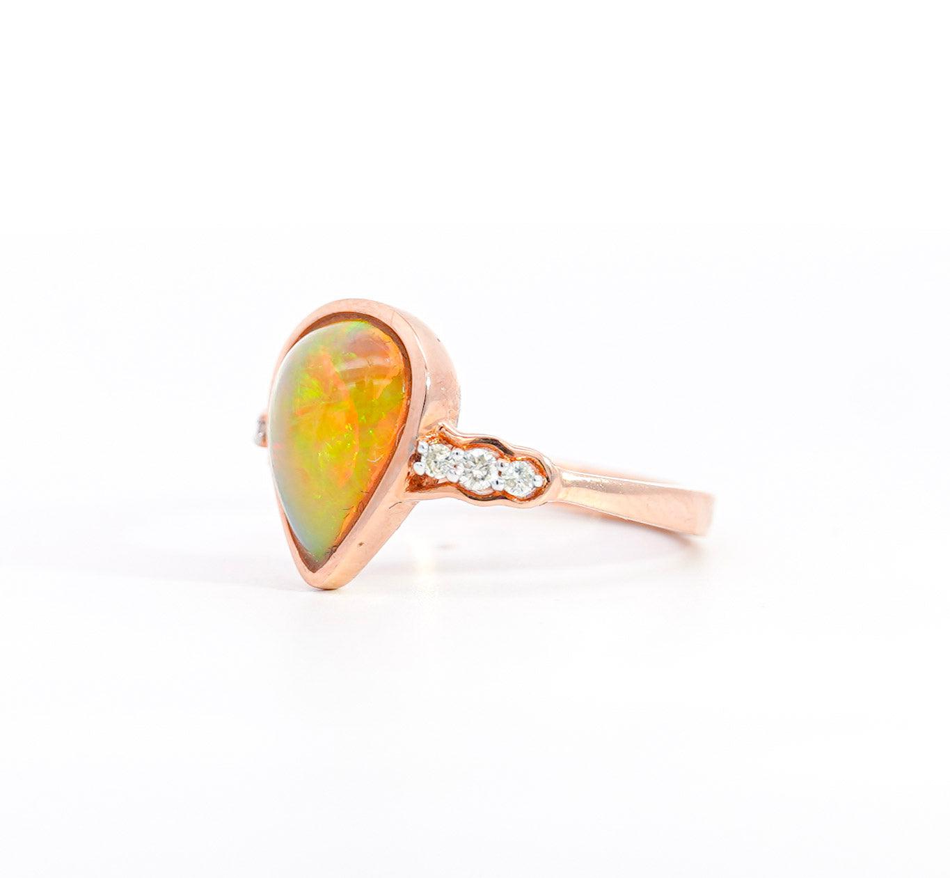 Vintage Oscar Friedman Signed 1.50 Carat Pear-Shaped Opal and Diamond 14K Rose Gold Ring