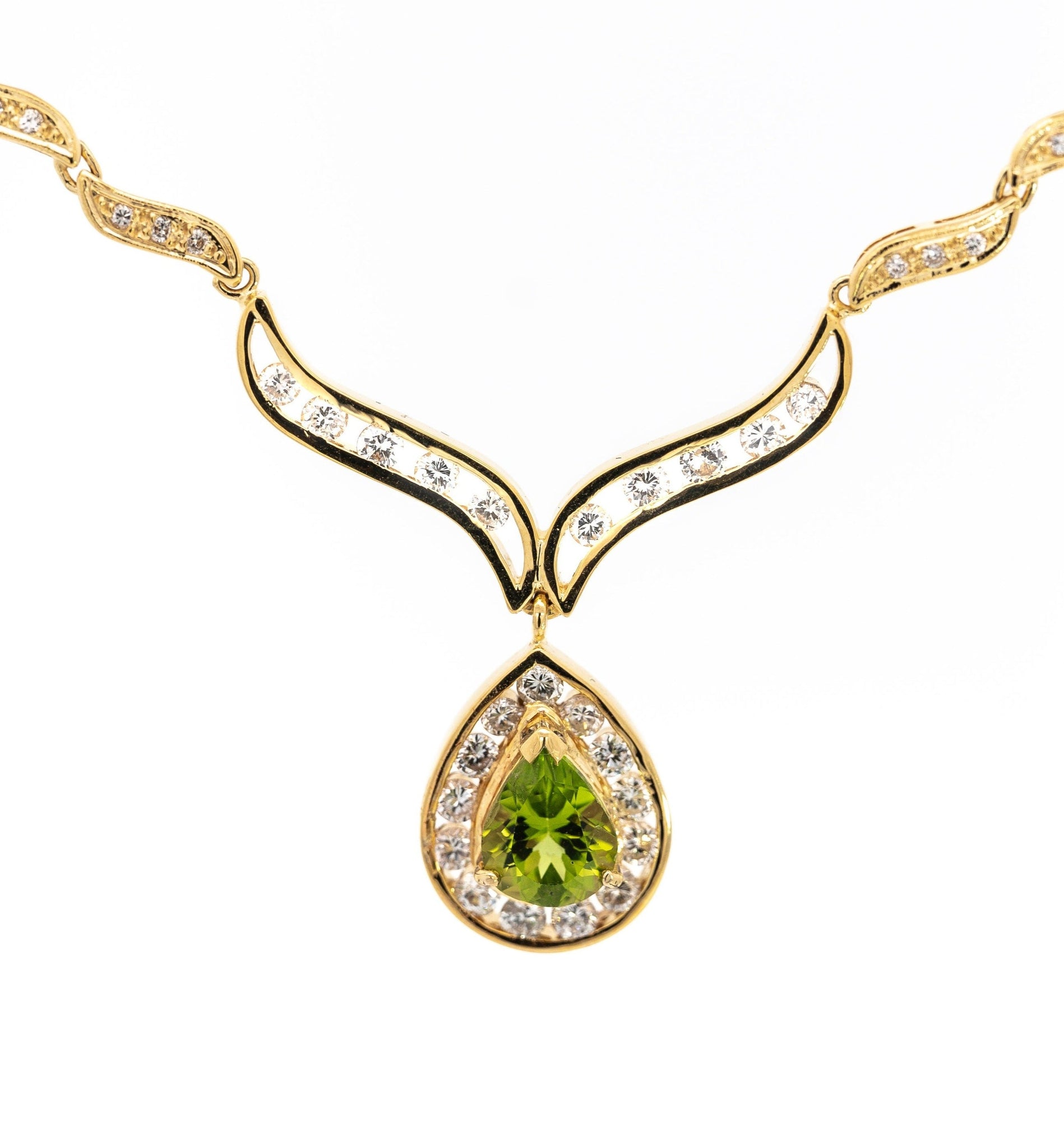 Vintage Pear Cut Green Peridot Drop Pendant Necklace with Diamonds in 18K Yellow Gold-Necklace-ASSAY