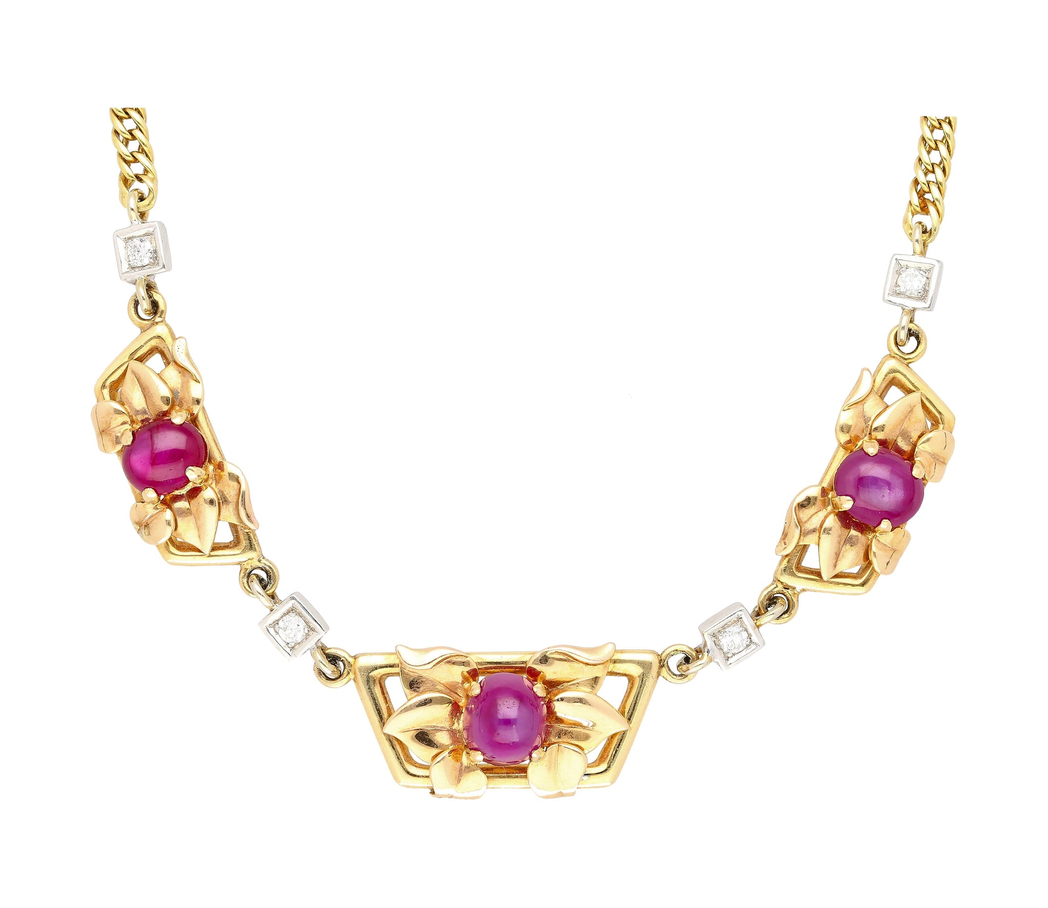 Vintage Retro Era 6.22 Carat Star-Ruby & Diamond Necklace with 14K Gold Carved Detailing