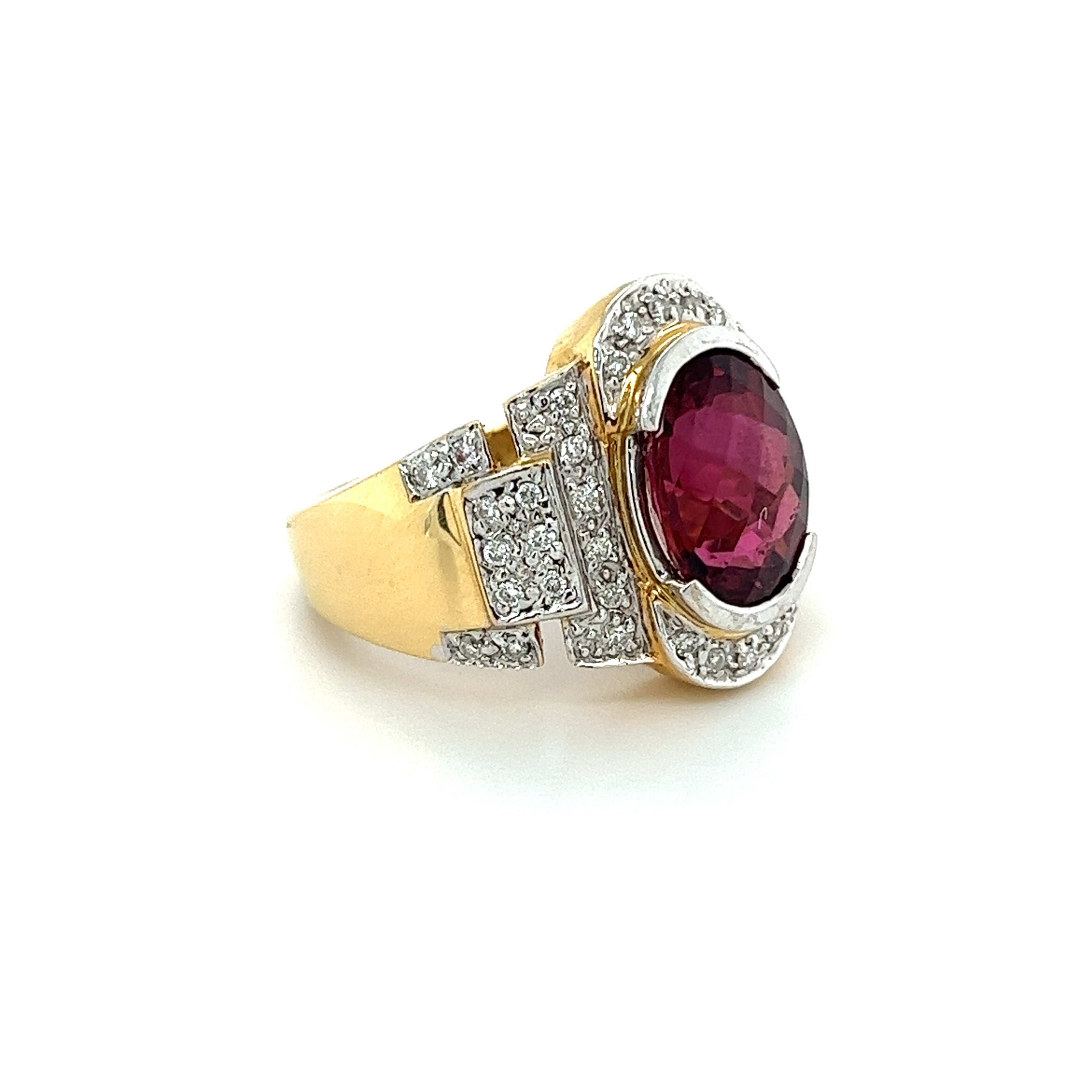 Vintage Retro Regal Style 5 Carat Red Tourmaline & Diamond Ring in 18K Gold-Semi Precious Jewelry-ASSAY