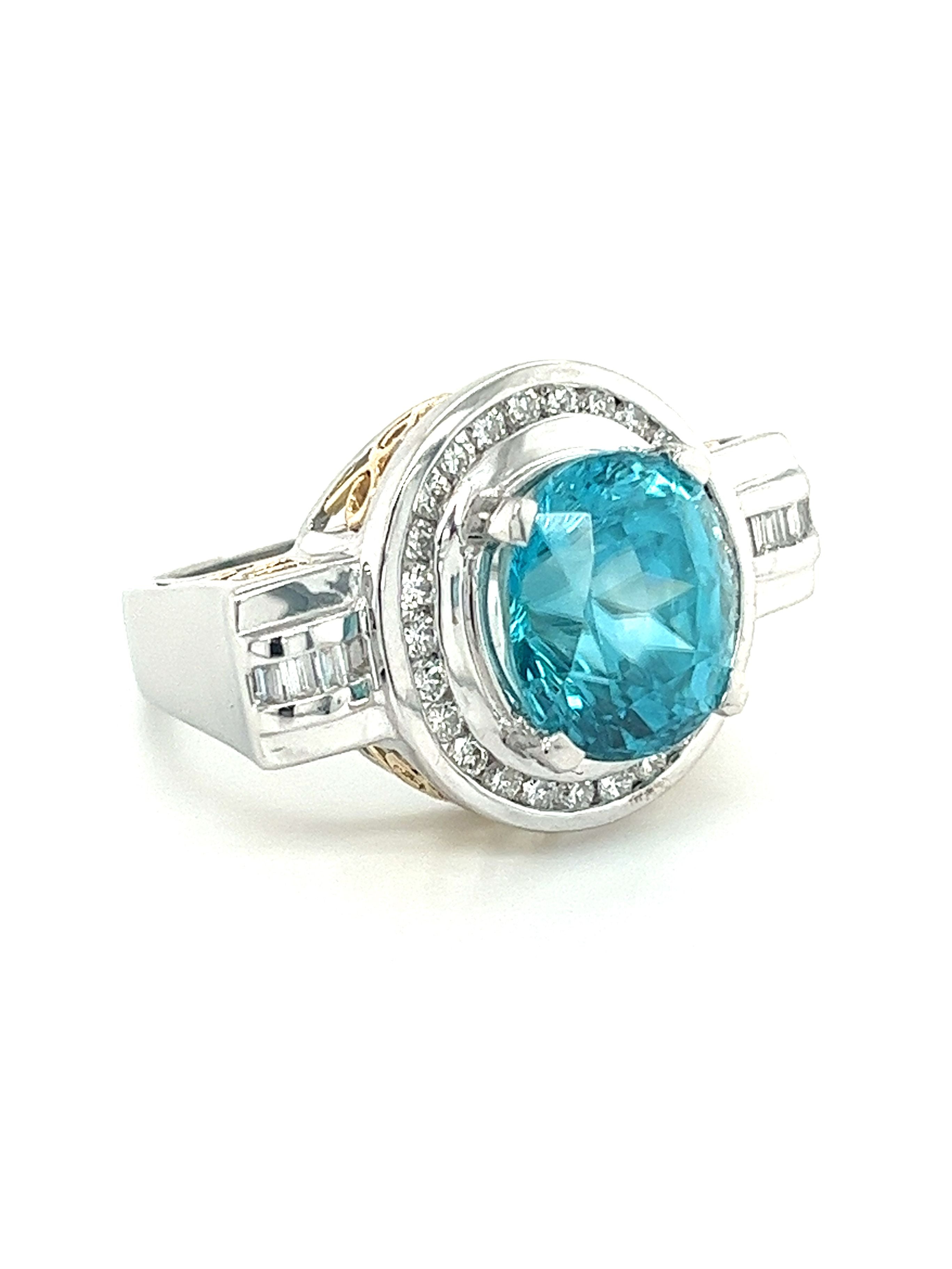 Vintage Retro Style 8 Carat Oval Cut Blue Zircon with Diamond Halo in Platinum & 18K Gold Filigree Set Ring-Semi Precious Jewelry-ASSAY