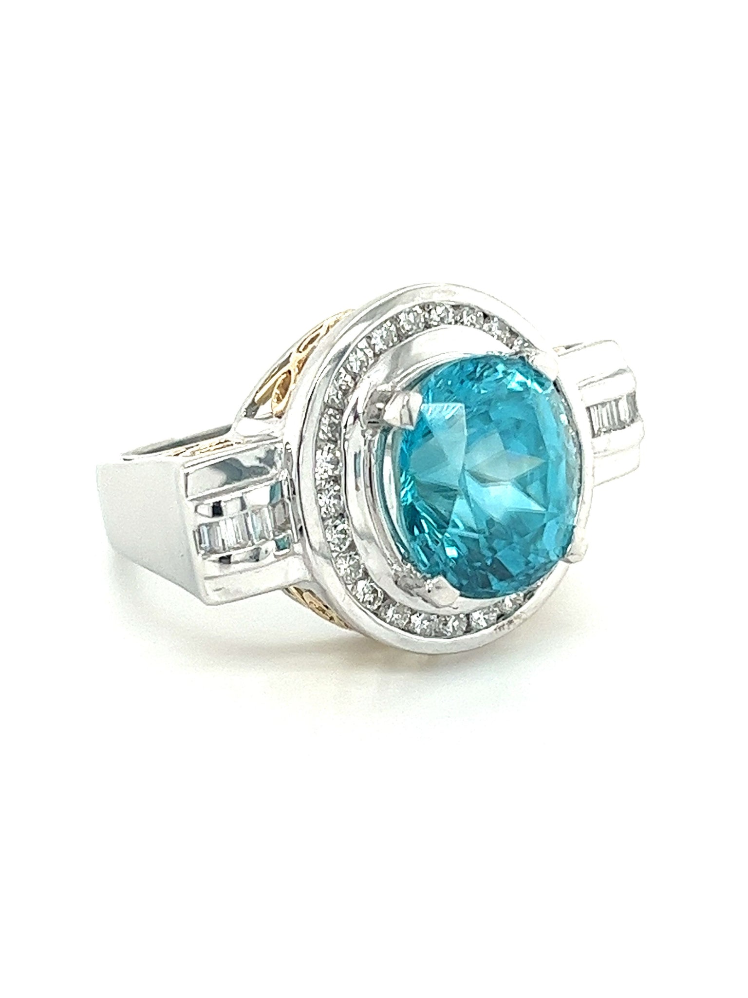 Vintage Retro Style 8 Carat Oval Cut Blue Zircon with Diamond Halo in Platinum & 18K Gold Filigree Set Ring