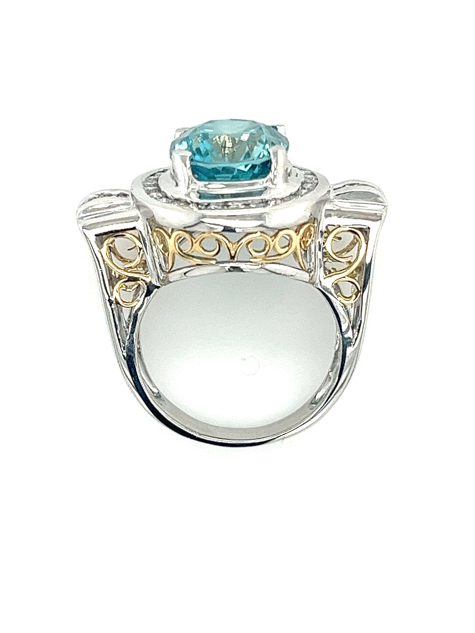 Vintage Retro Style 8 Carat Oval Cut Blue Zircon with Diamond Halo in Platinum & 18K Gold Filigree Set Ring