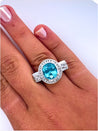 Vintage Retro Style 8 Carat Oval Cut Blue Zircon with Diamond Halo in Platinum & 18K Gold Filigree Set Ring-Semi Precious Jewelry-ASSAY
