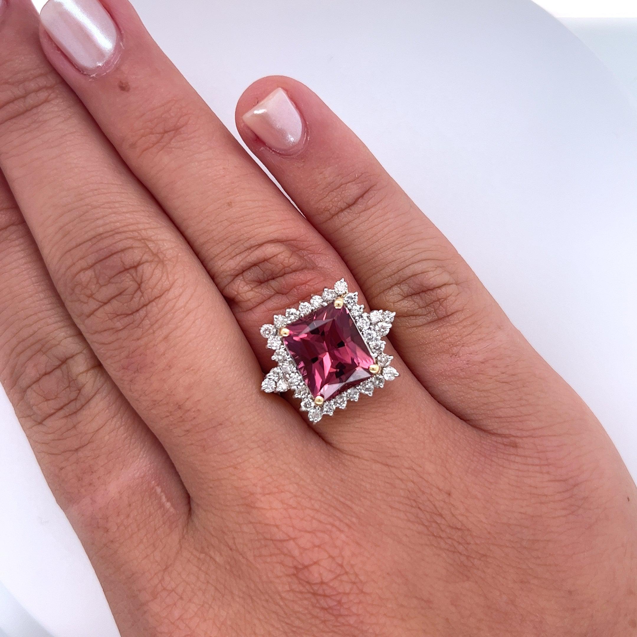 Vivid Pink 7 Carat Radiant Cut Tourmaline Ring with Round Diamond Halo in 18K Gold-Semi Precious Jewelry-ASSAY