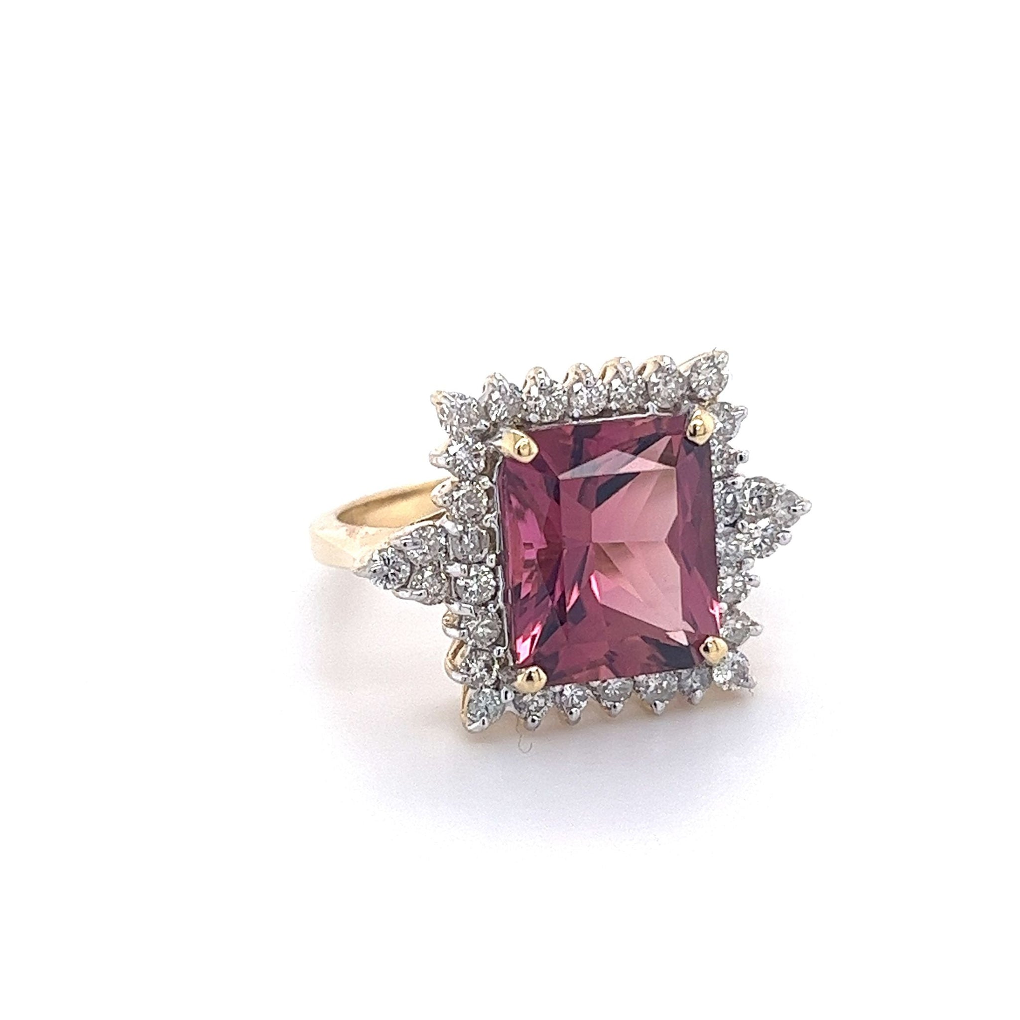 Vivid Pink 7 Carat Radiant Cut Tourmaline Ring with Round Diamond Halo in 18K Gold