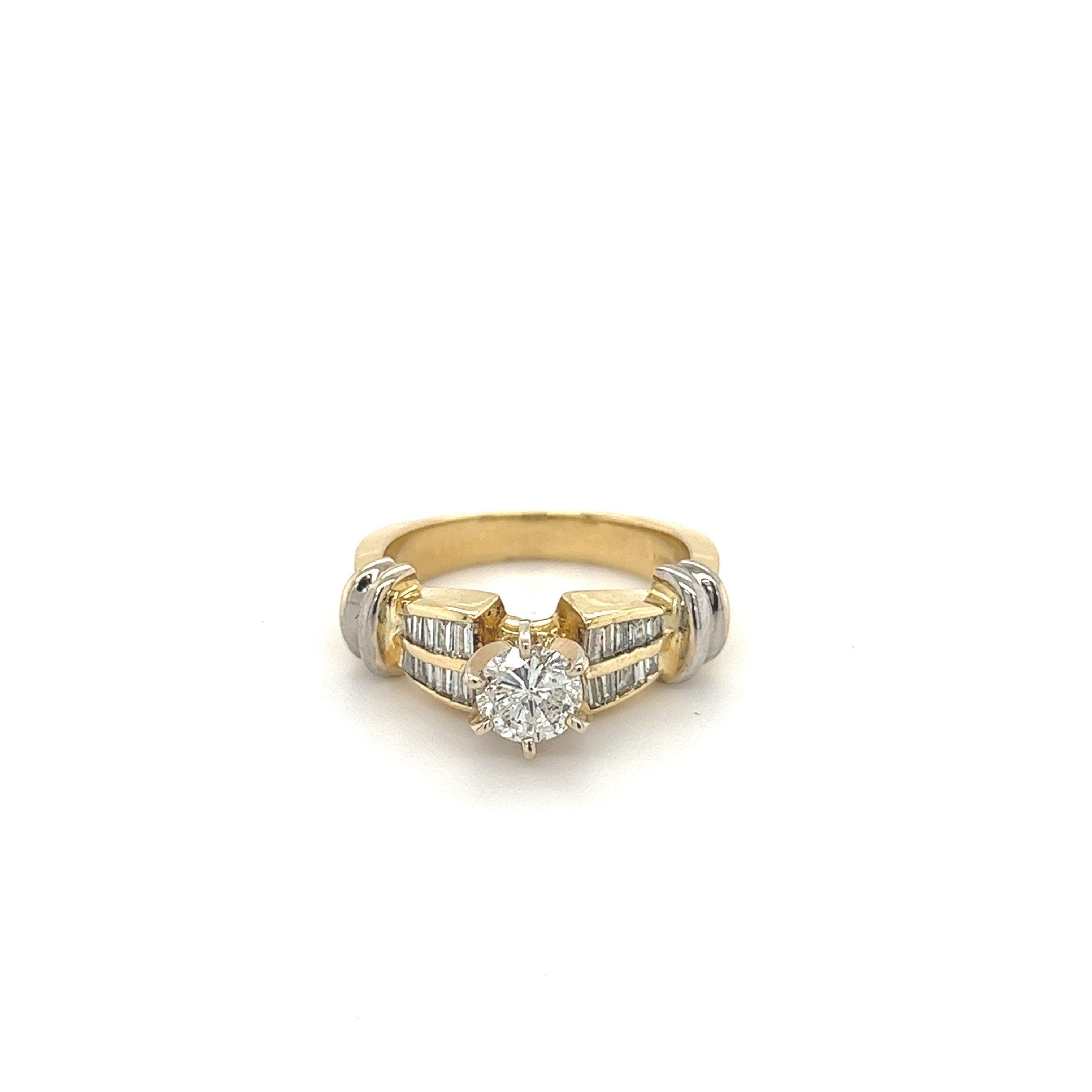 0.70 Carat Round Diamond Ring with Baguette Cut Diamond Side Stones in 14k gold-Rings-ASSAY