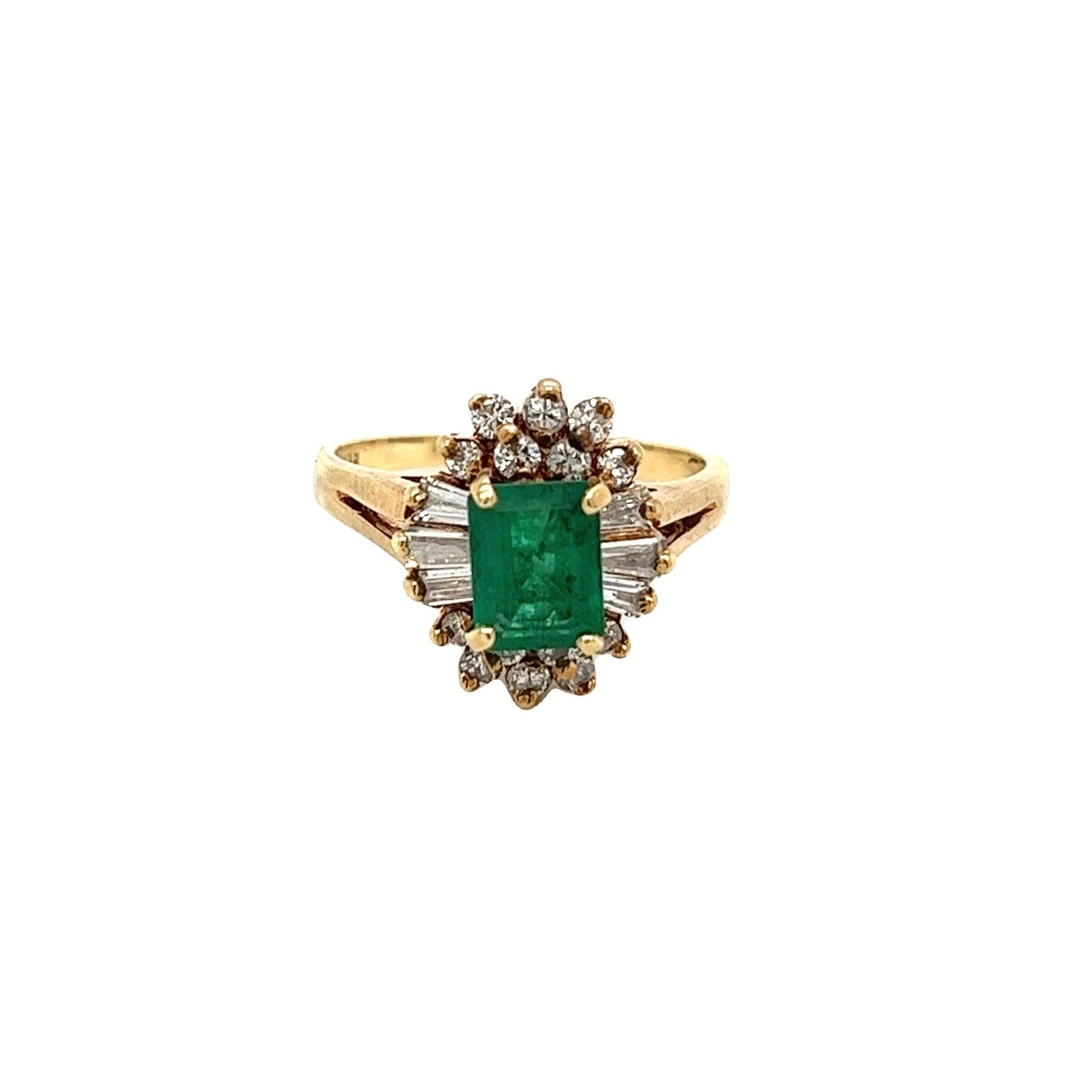 1 Carat Emerald and Baguett Diamond Halo Ring in 14k Gold-ASSAY-ASSAY
