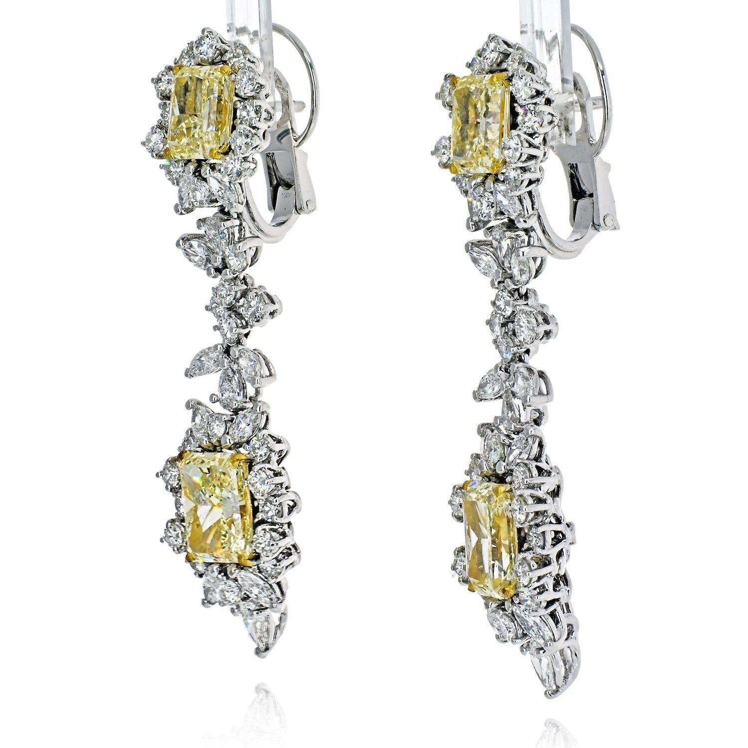 10.75 Carat Radiant-Cut VVS1 Fancy Yellow Diamond Drop Earrings in 18K White Gold - ASSAY