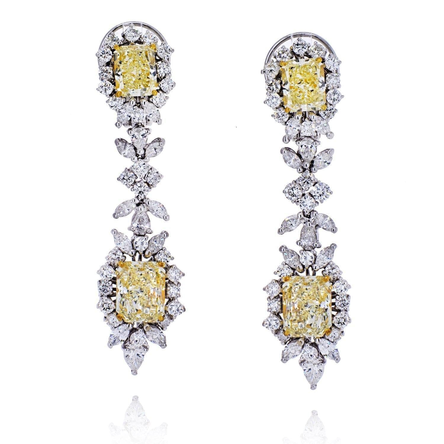 10.75 Carat Radiant-Cut VVS1 Fancy Yellow Diamond Drop Earrings in 18K White Gold - ASSAY