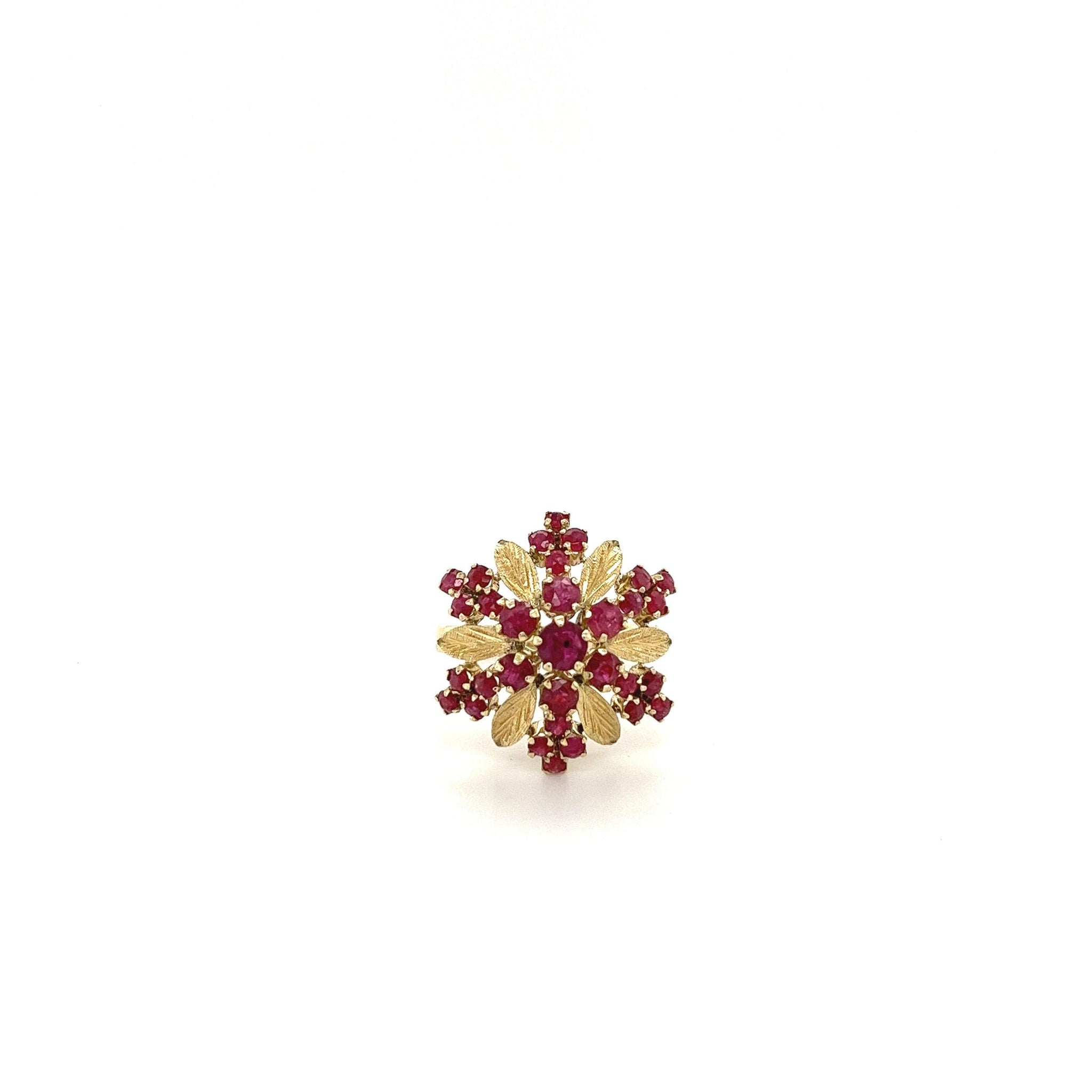 14K Gold Vintage Round Cut Ruby Flower Rose Ring-Rings-ASSAY