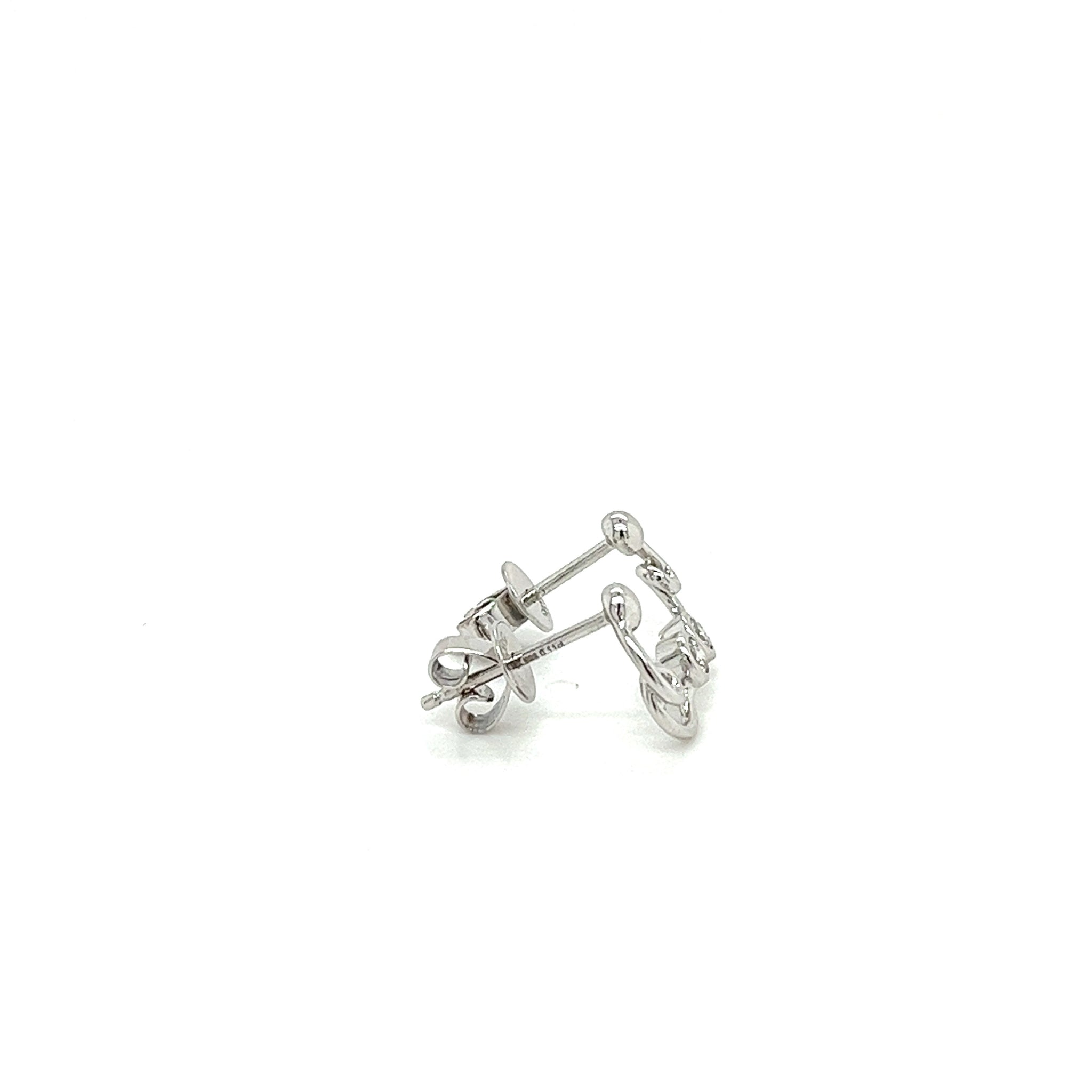 14K White Gold Swirl Earrings With Round Bezel Set Diamonds-Diamond Earrings-ASSAY