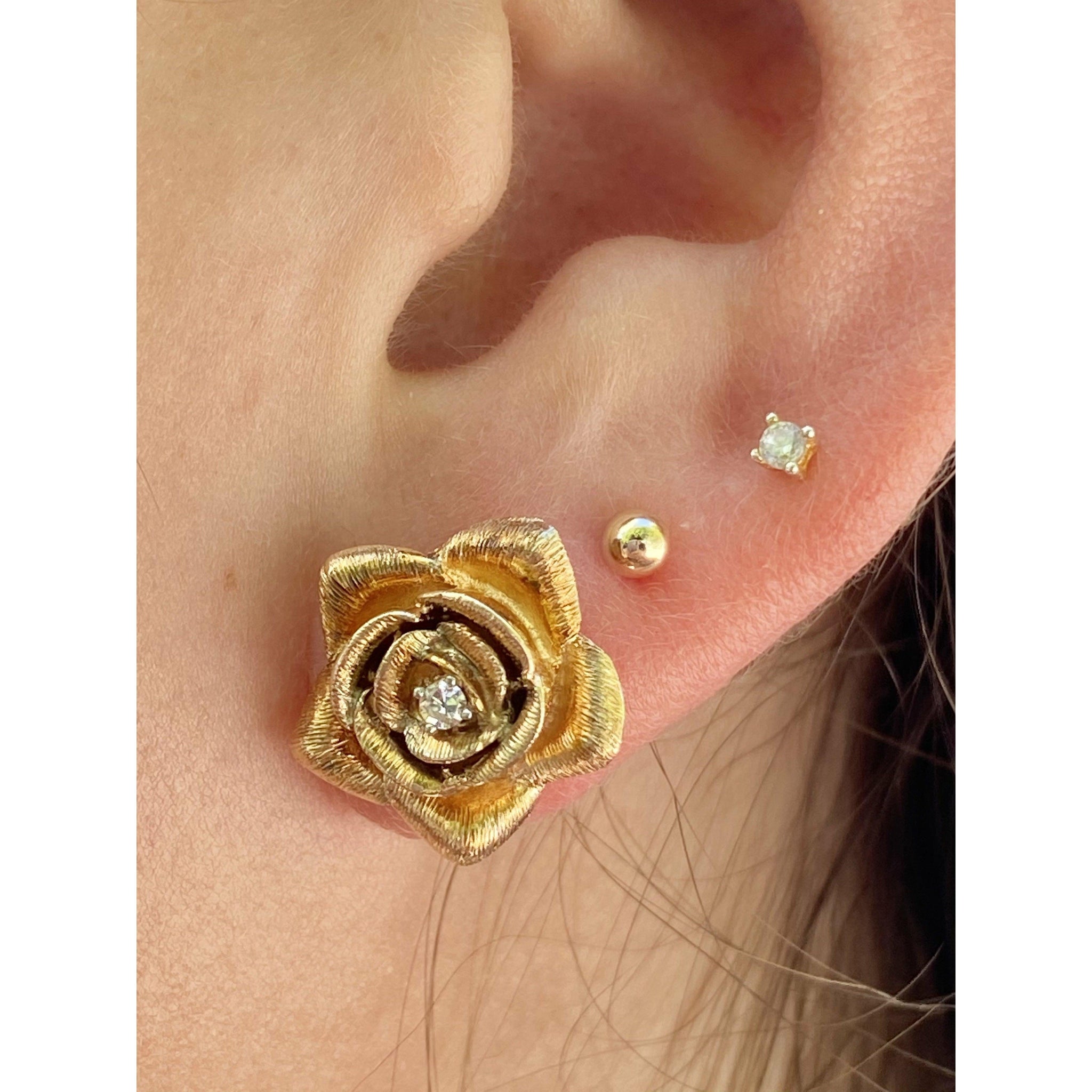 14k Solid Gold Flower and Diamond Stud Earrings - ASSAY