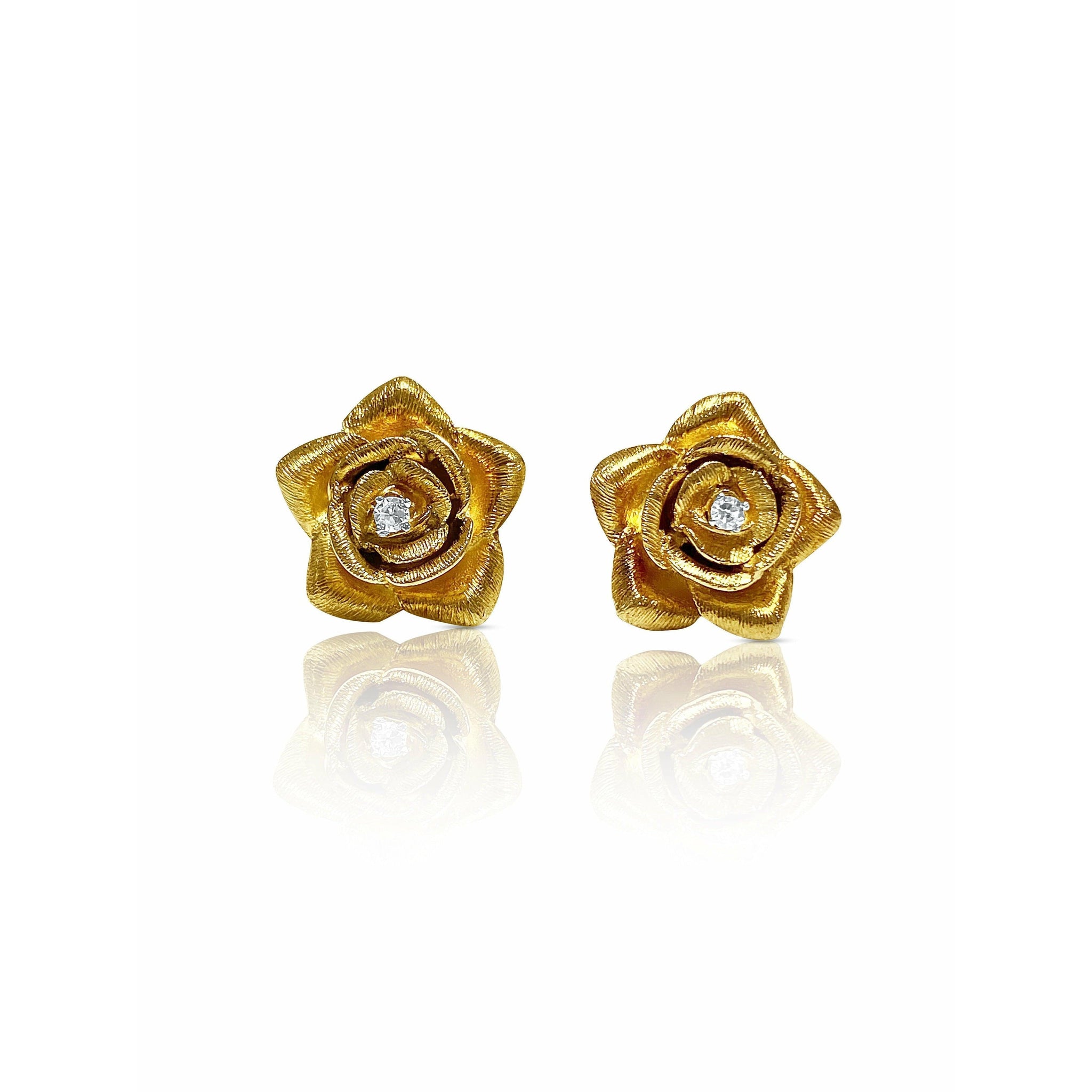 14k Solid Gold Flower and Diamond Stud Earrings - ASSAY