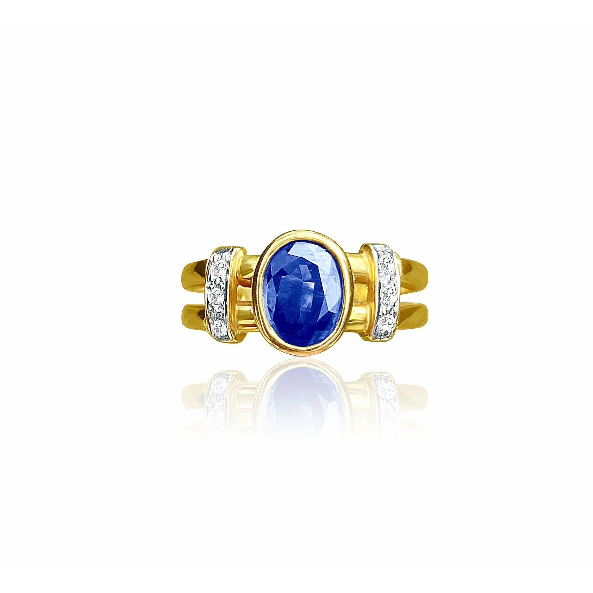 14k Solid Gold Split Shank Oval Cut Blue Sapphire Ring - ASSAY