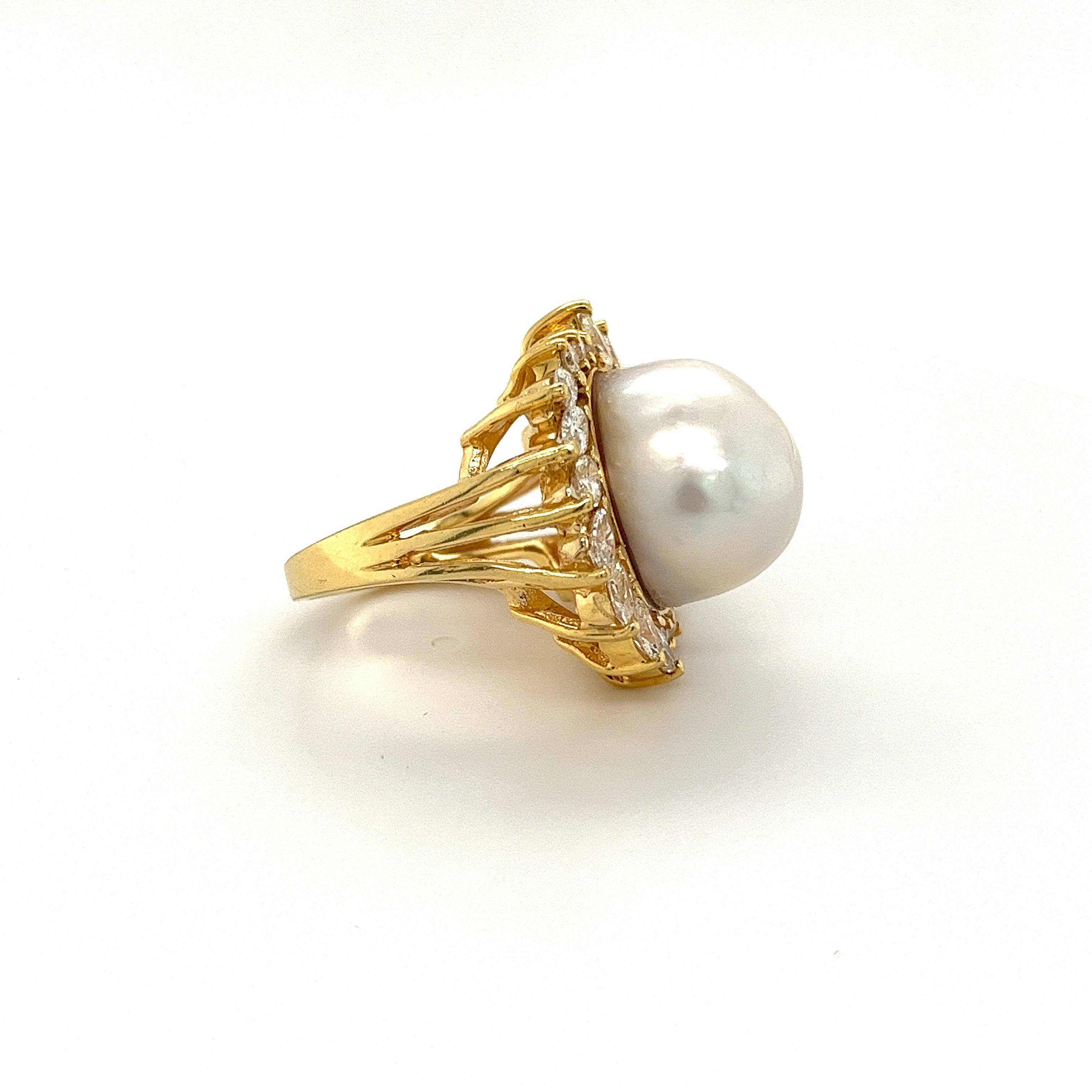 16mm South Sea Pearl and Marquise Cut Diamond Halo in 18k Gold Ring-Rings-ASSAY