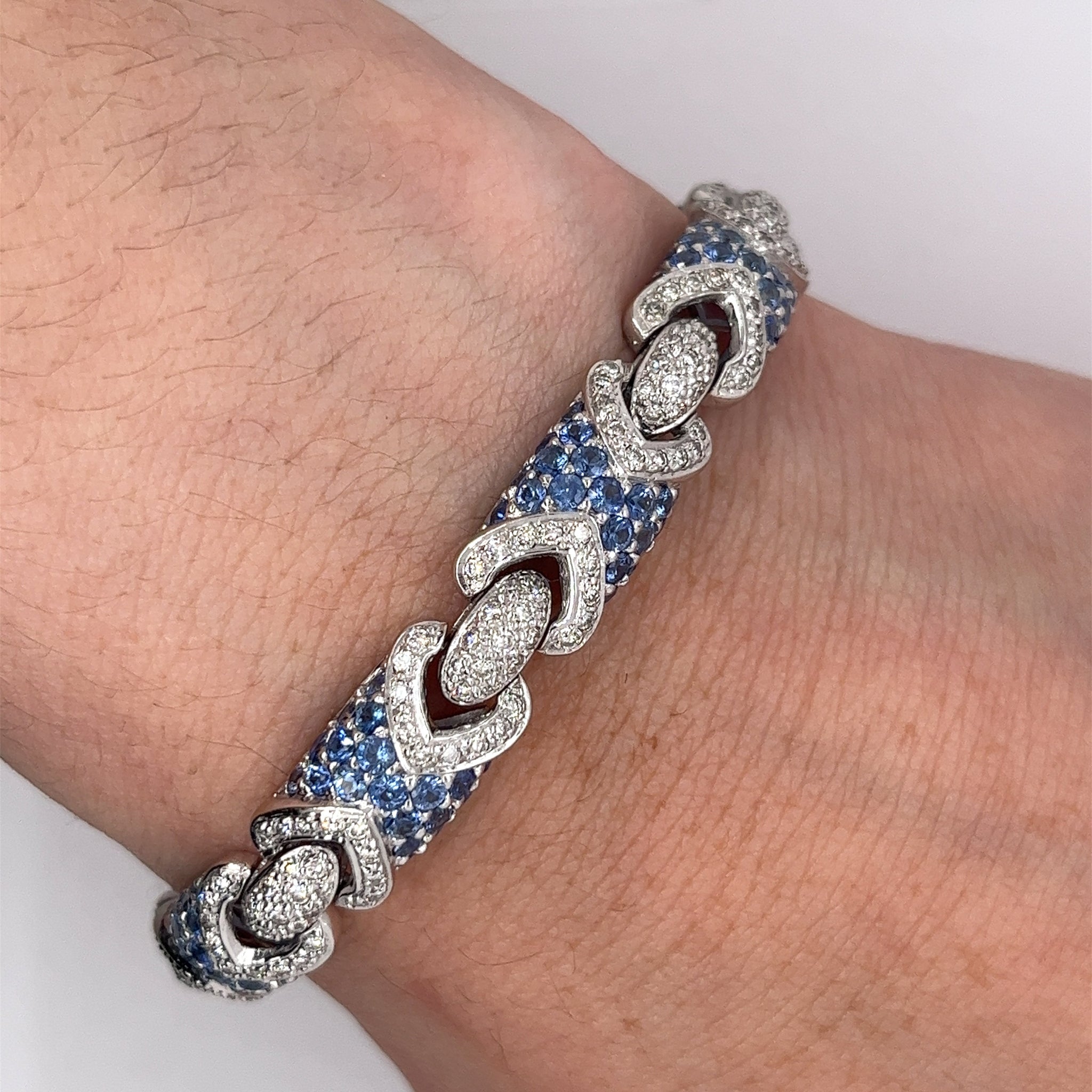 18K White Gold Natural Diamond and Natural Blue Sapphire Pave Set Bracelet-Bracelet-ASSAY