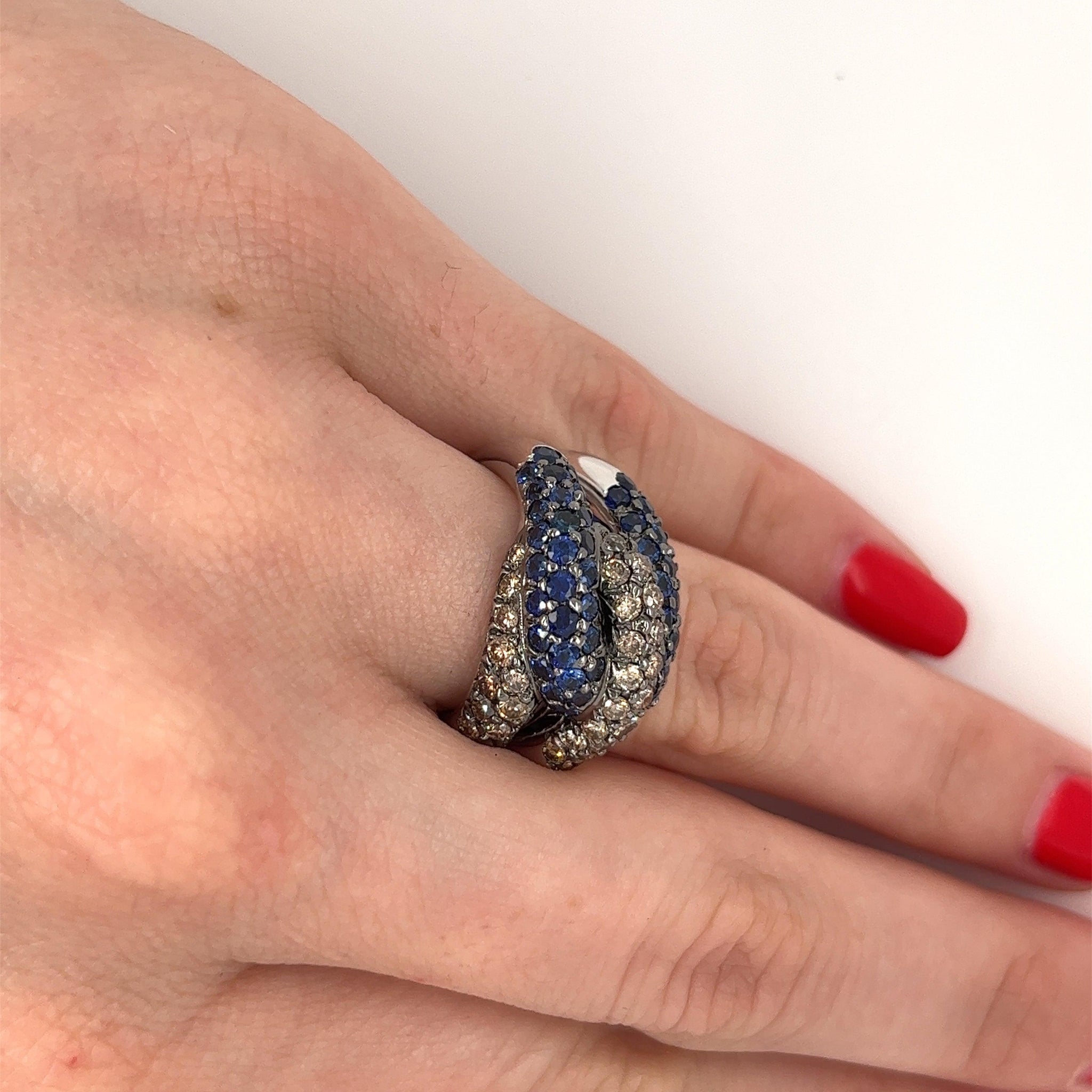 18K White Gold Natural Round Blue Sapphire and Brown Diamond 4 Row Pave Cluster Ring-Rings-ASSAY