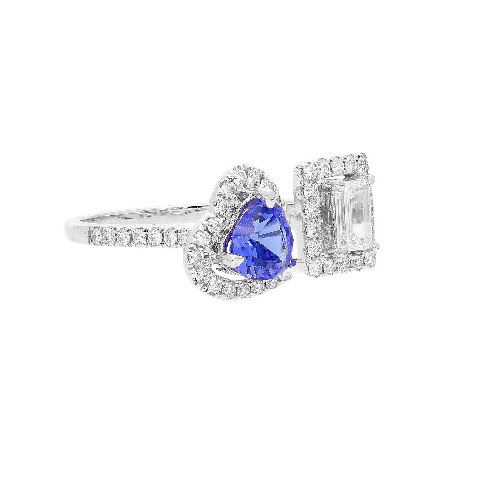 18k White gold Toi et Moi Ring with Natural Emerald cut Diamond and Heart Shape Tanzanite - ASSAY