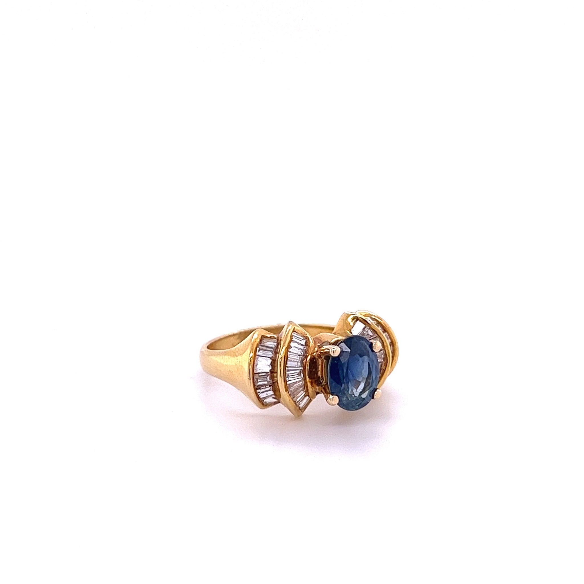 1.19 Carat Oval Cut Blue Sapphire with Baguette Cut Diamonds in 14k Gold Ring-Assay Jewelers-ASSAY