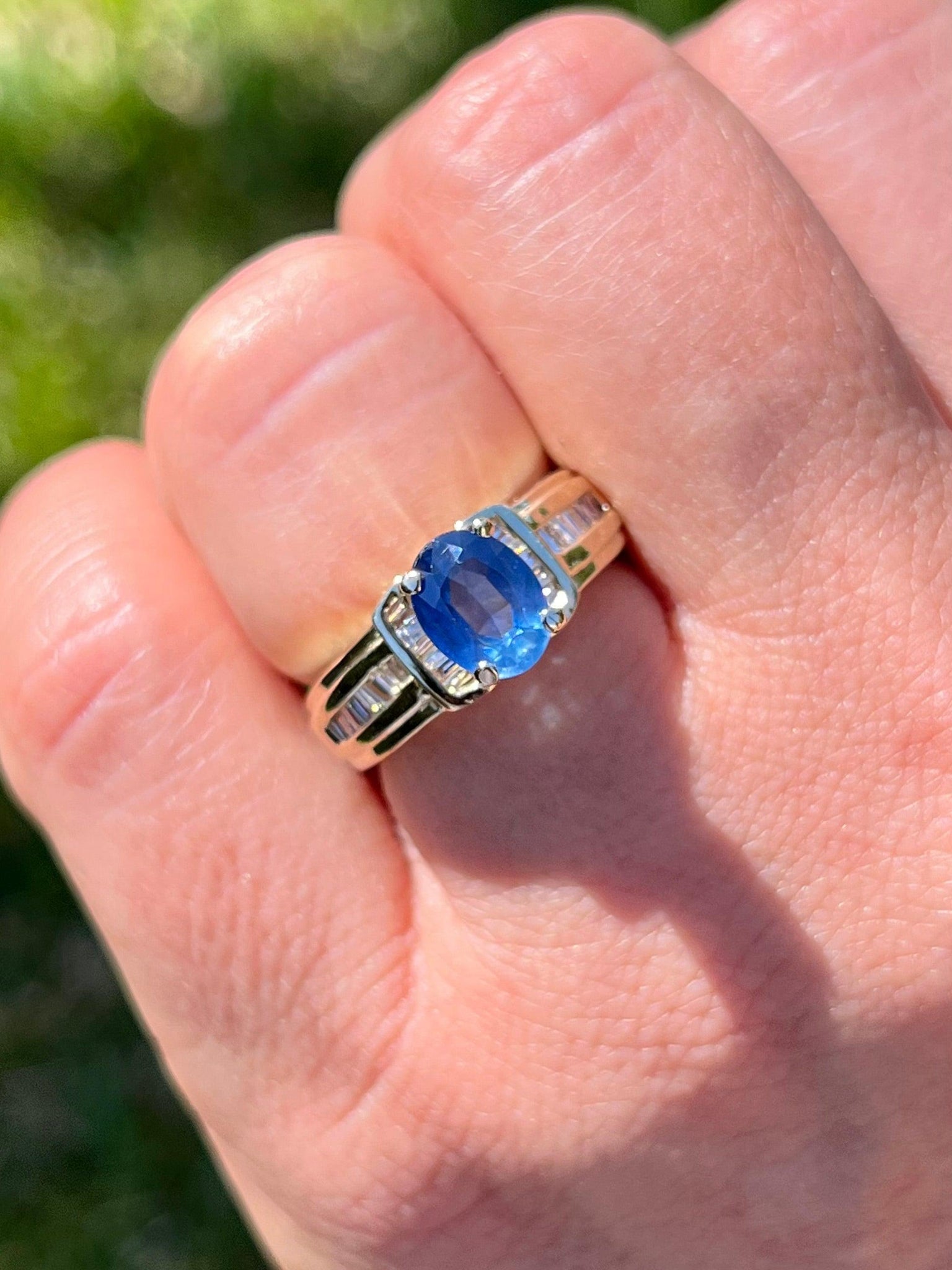 1.22 Carat Oval Cut Blue Sapphire with Baguette Cut Diamonds in 14k Gold Ring-ASSAY-ASSAY