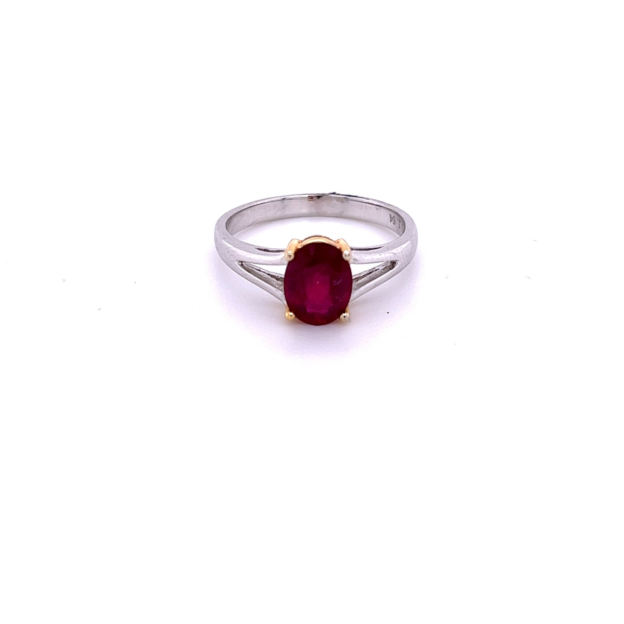 1.64 Carat Oval Cut Ruby Solitaire Split Shank 14K White Gold Ring-Rings-ASSAY