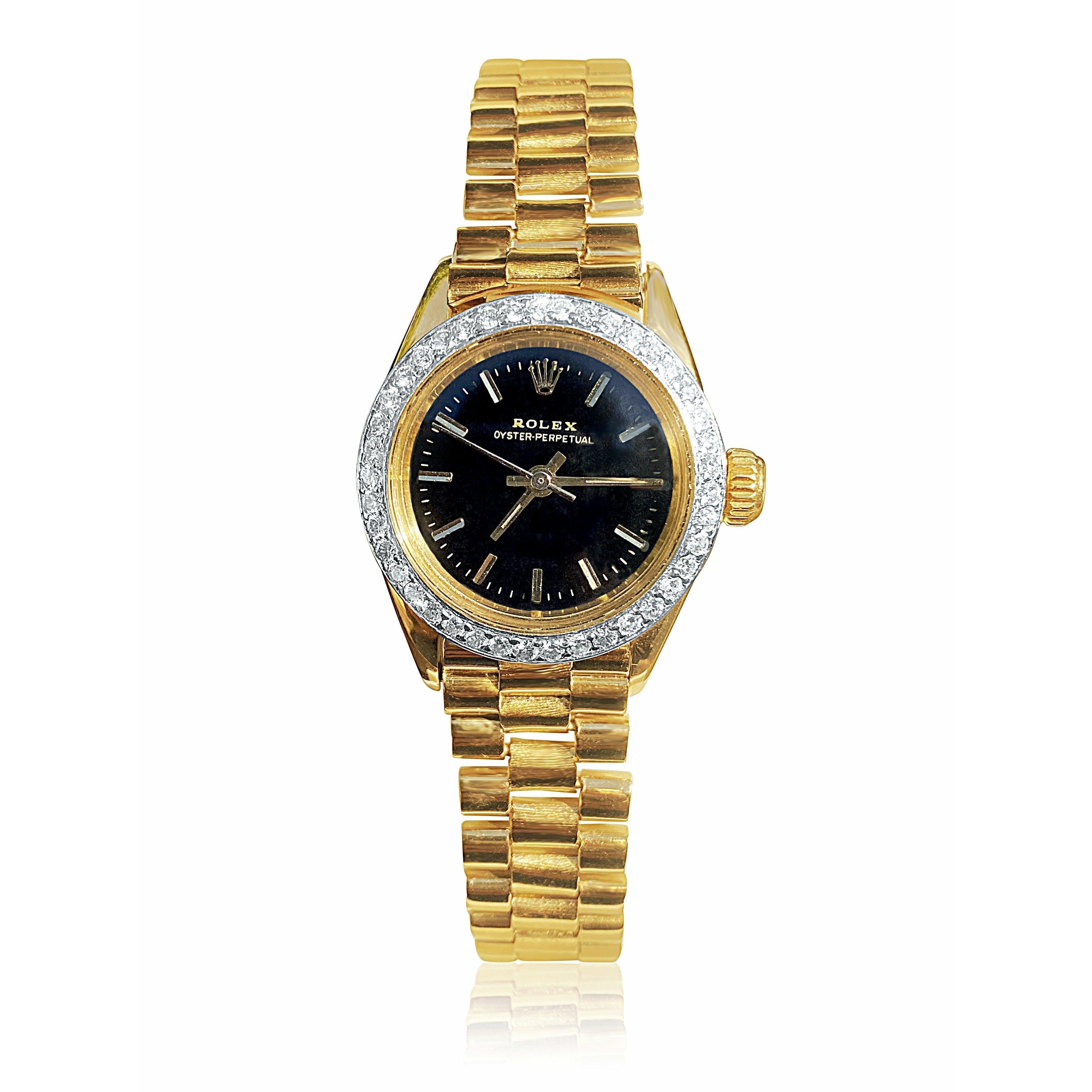 26mm Rolex Oyster Perpetual Black Face and Diamond Bezel Rolex in 18k Gold - ASSAY