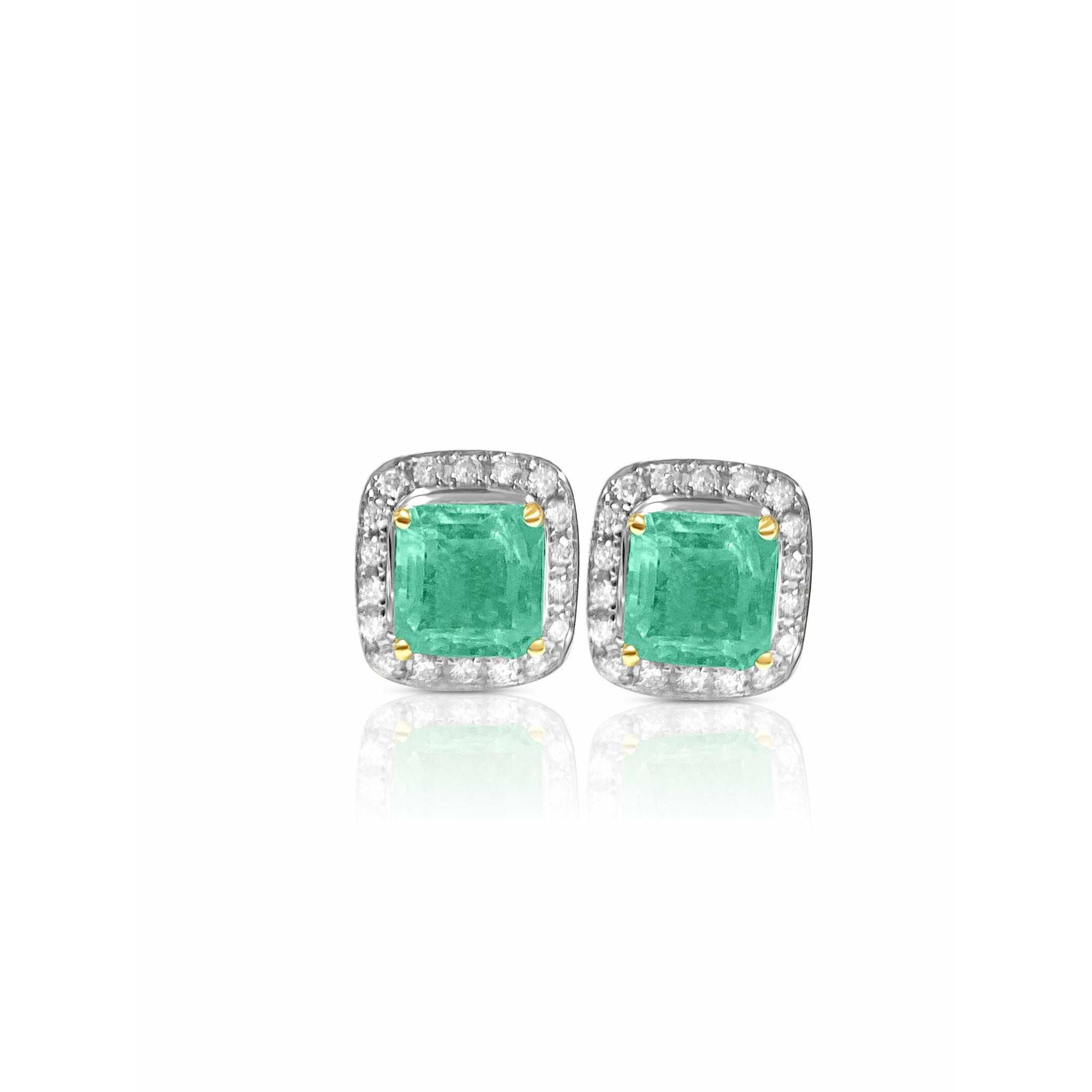 2.08 Carat Natural Emerald Stud Earrings with Diamond Halo in 18k Solid Gold - ASSAY