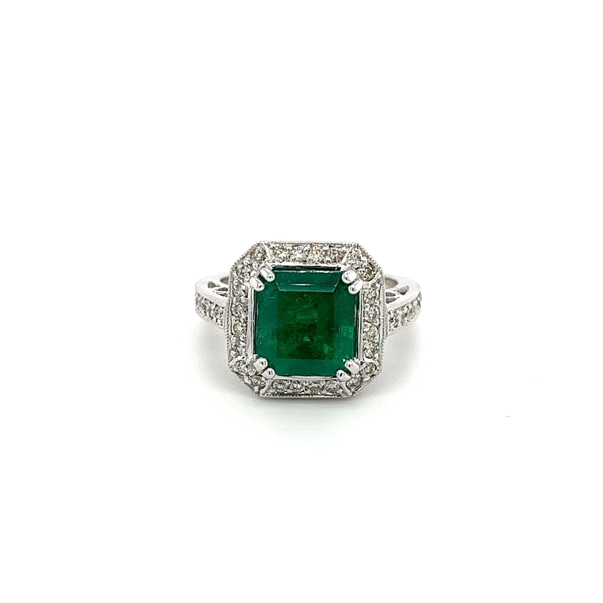 3 Carat Colombian Emerald in 18K White Gold Ring & Round Cut Diamond Halo-Emerald Ring-ASSAY