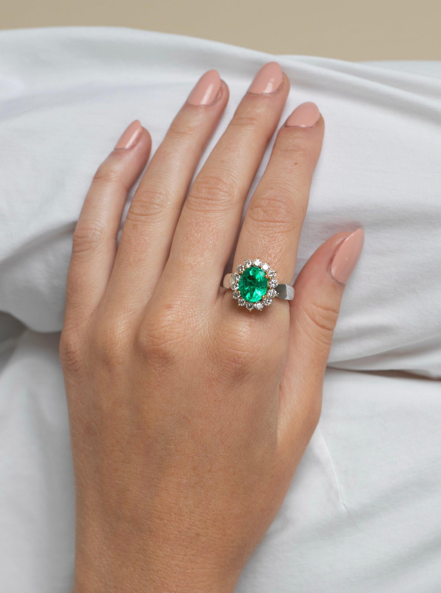 3 Carat Vivid Green Colombian Emerald and Diamond Halo Ring 18K White Gold-Rings-ASSAY
