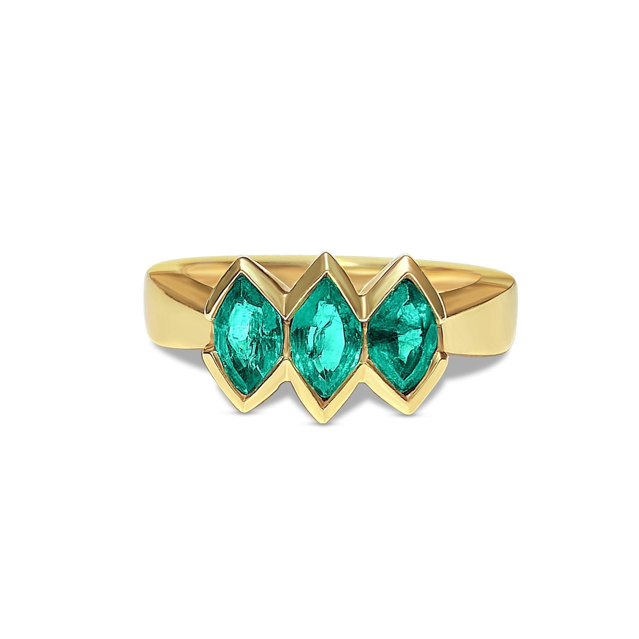 3-Stone Marquise Cut Emerald in 14k Solid Yellow Gold Ring - ASSAY