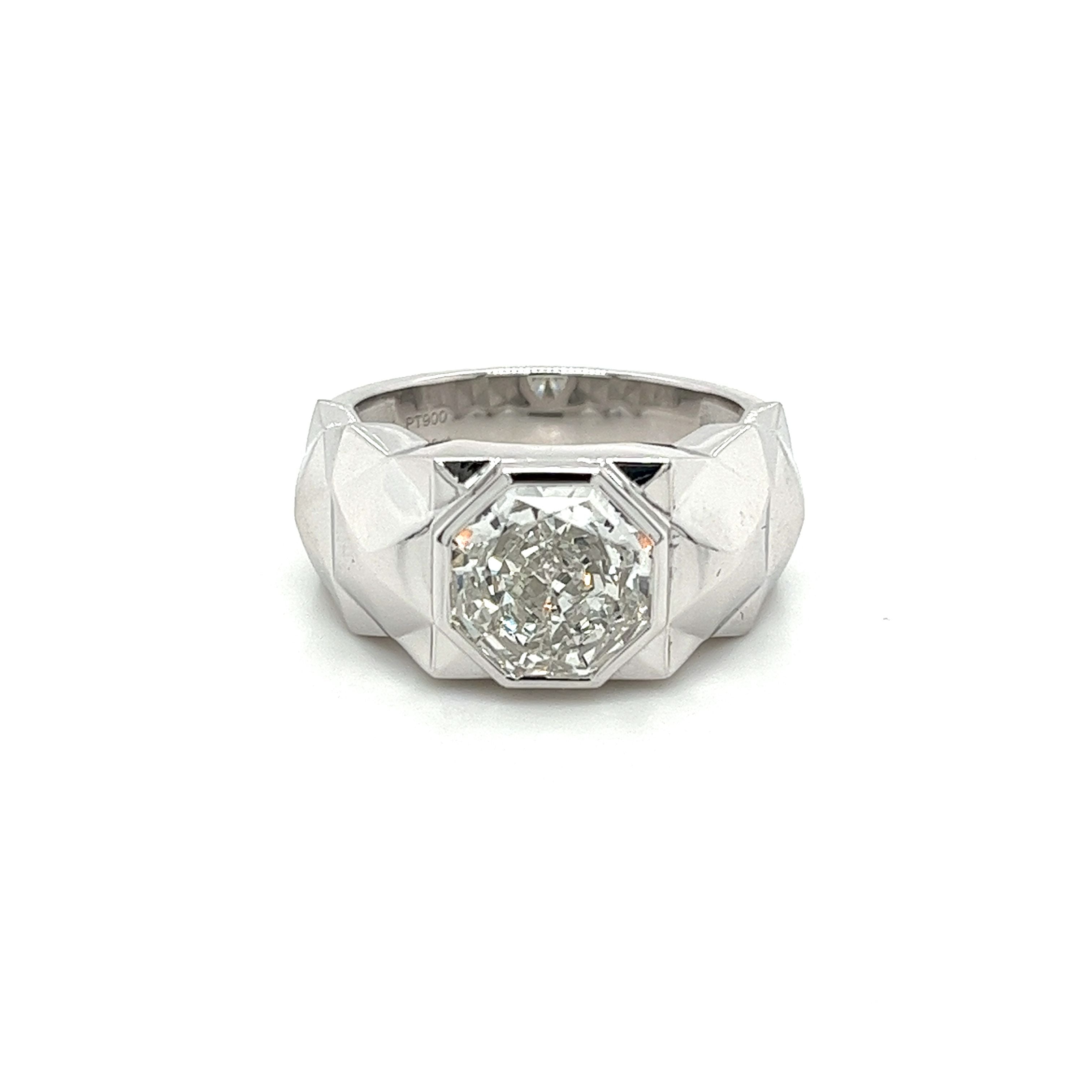 4 Carat Octagon Cut Lab Grown Diamond Bezel Set Mens Ring In Platinum-Rings-ASSAY