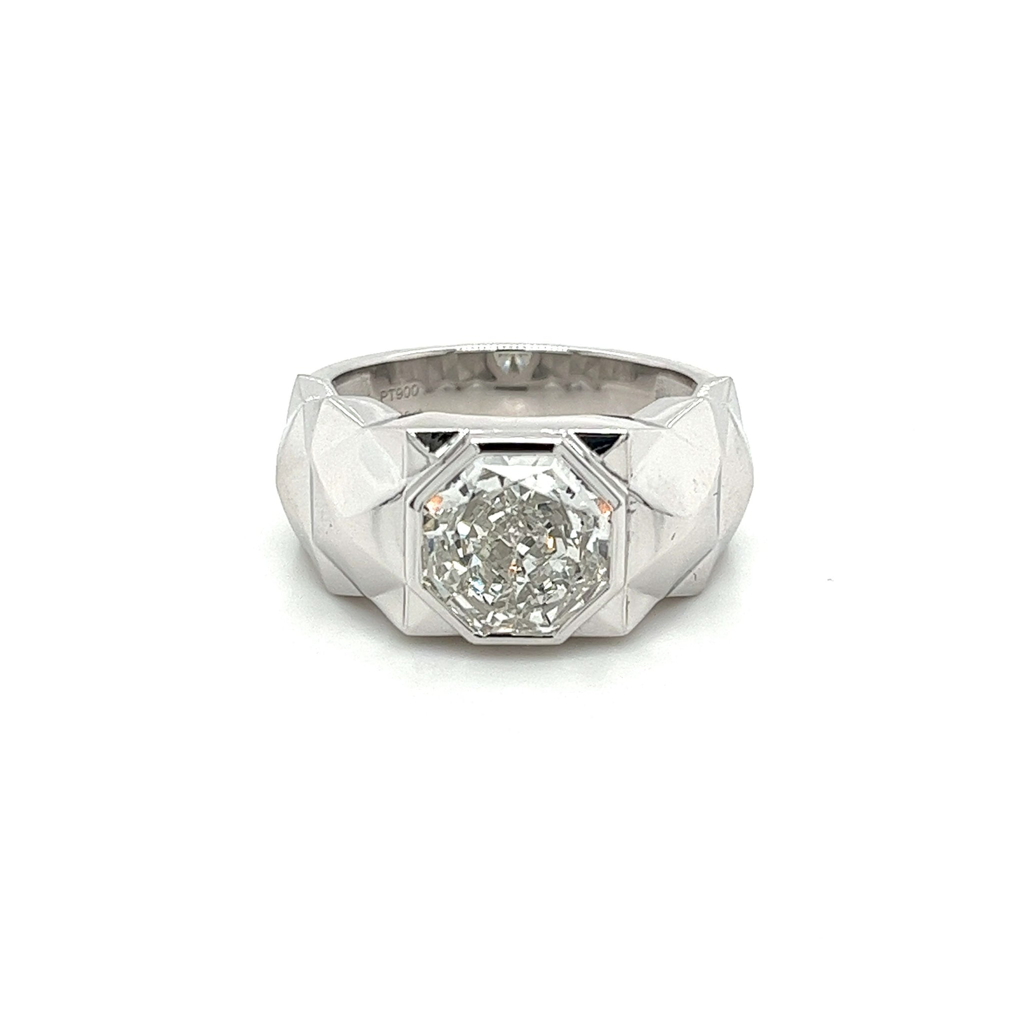 4 Carat Octagon Cut Lab Grown Diamond Bezel Set Mens Ring In Platinum-Rings-ASSAY