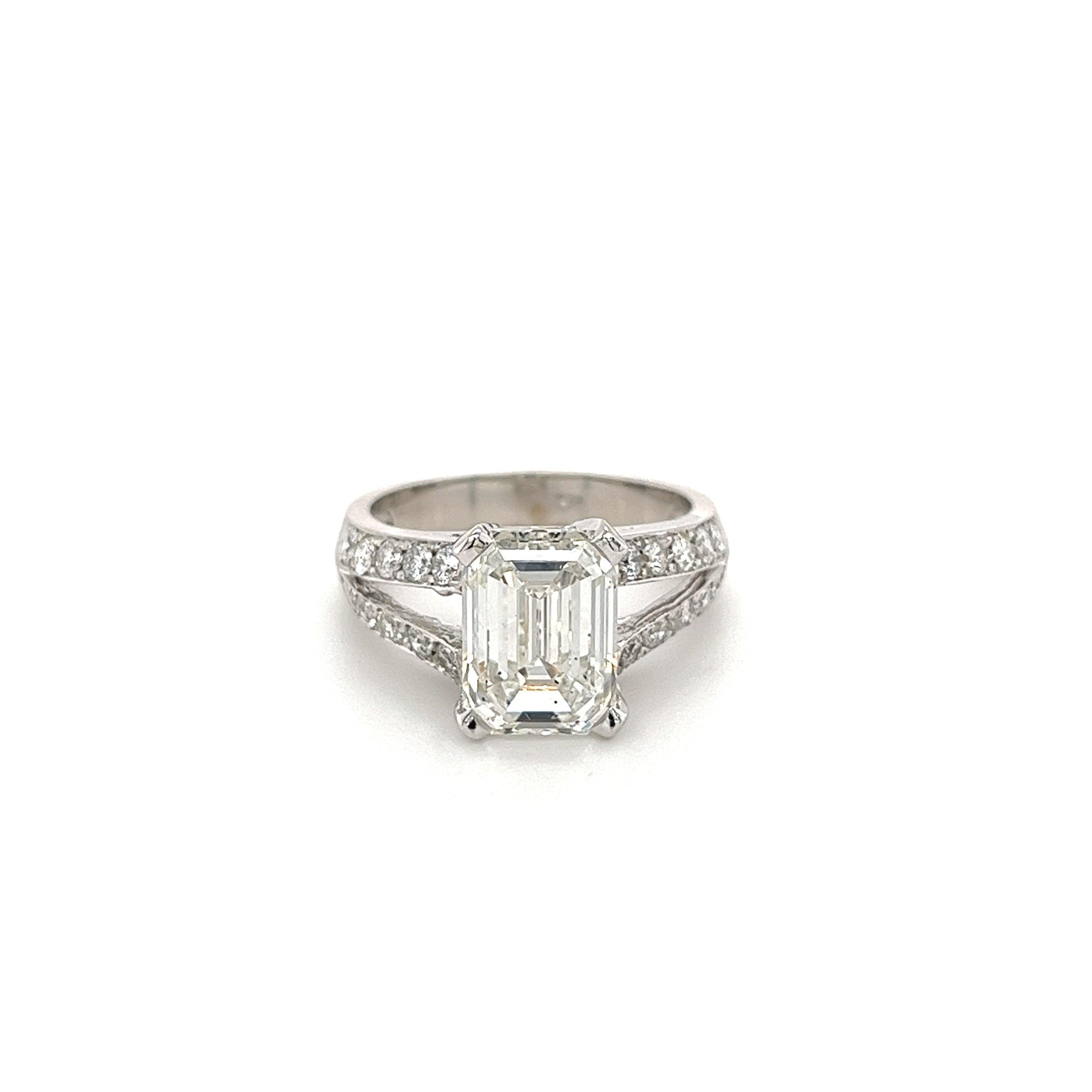 VS1 Emerald Cut Lab Diamond In Split Shank Diamond Side Stone 14K White Gold Ring-Rings-ASSAY