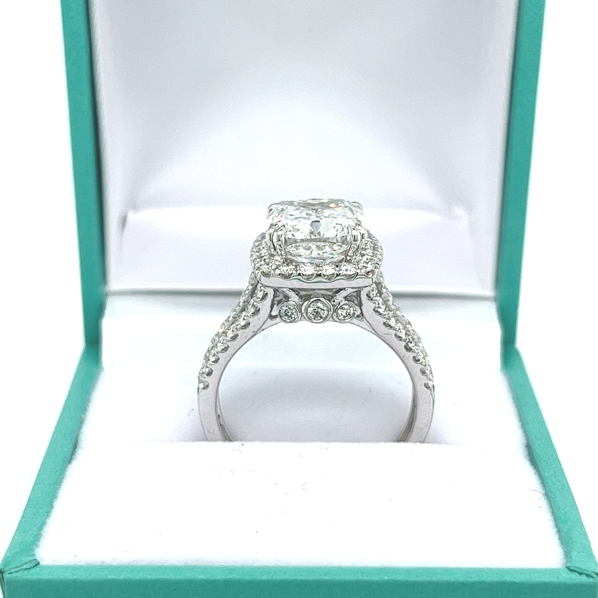 4.44 Carat F/VVS2 Cushion Cut Lab Grown Diamond in 3 Row Split Shank Diamond Halo Ring-Diamond Ring-ASSAY