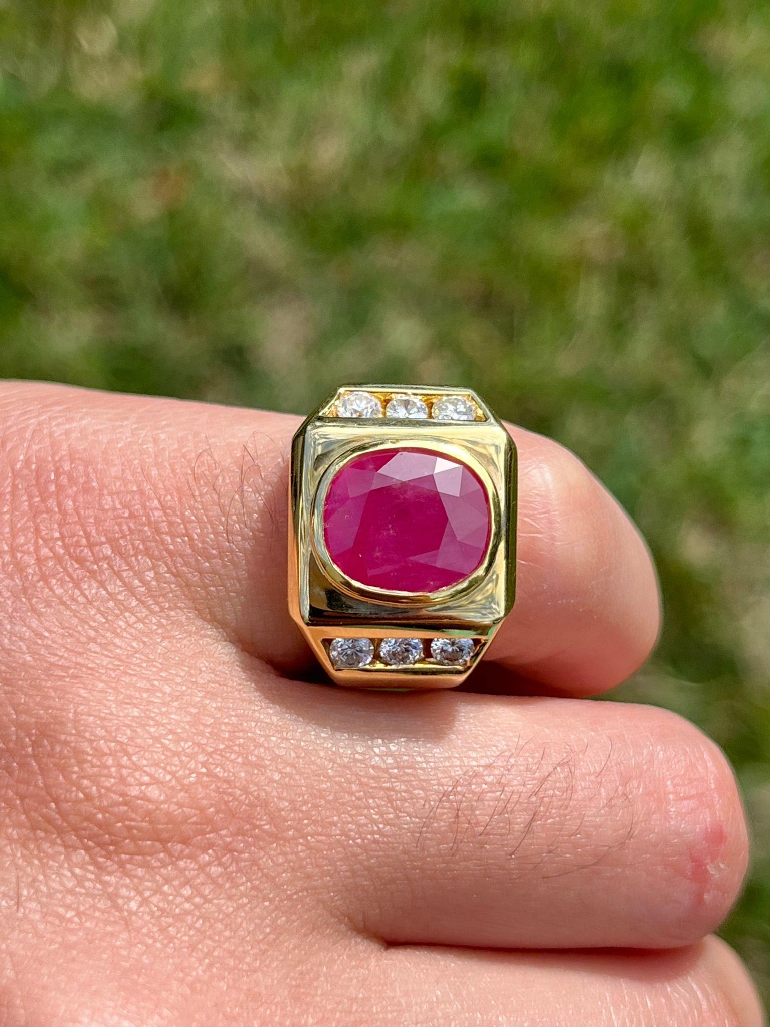 Men's Synthetic Ruby Intaglio Ring with Brush Textured Sides in 18k Ye –  The Castle Jewelry