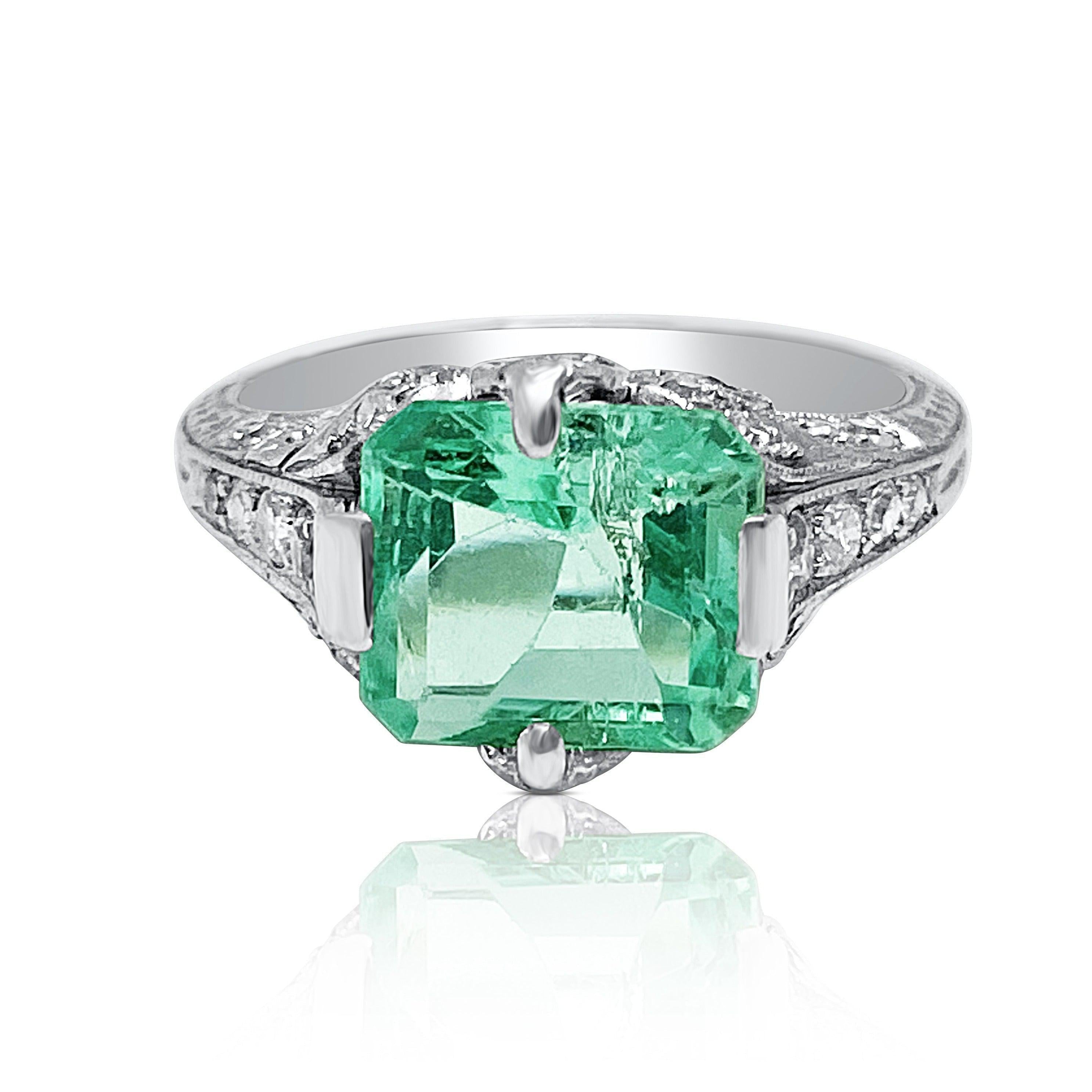 Antique Art Deco Platinum Natural Emerald Ring - ASSAY